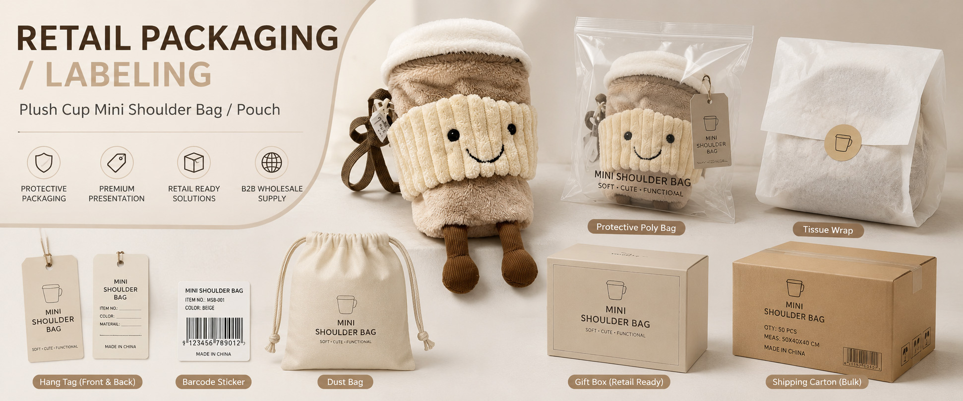 Individual Poly Bag	Protects each plush crossbody bag during storage, shipping, and wholesale handling
Dust Bag	Adds premium value and protects the plush surface for boutique and gift packaging
Care Label	Shows fabric care, cleaning instructions, material details, and product information