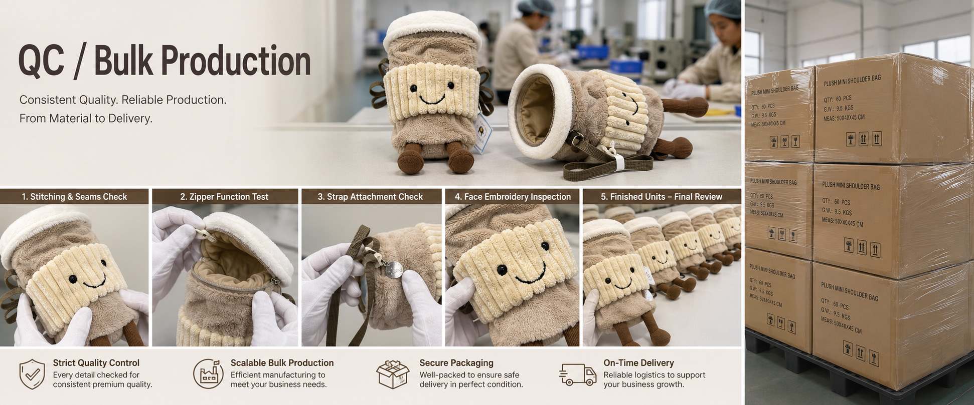 Material Check	Plush softness, fabric texture, color consistency, smell, thickness, and surface quality
Shape Check	Coffee cup shape, size accuracy, panel alignment, stuffed body balance, and overall appearance
Sewing Check	Stitching quality, seam strength, lining sewing, edge finishing, and strap connection points