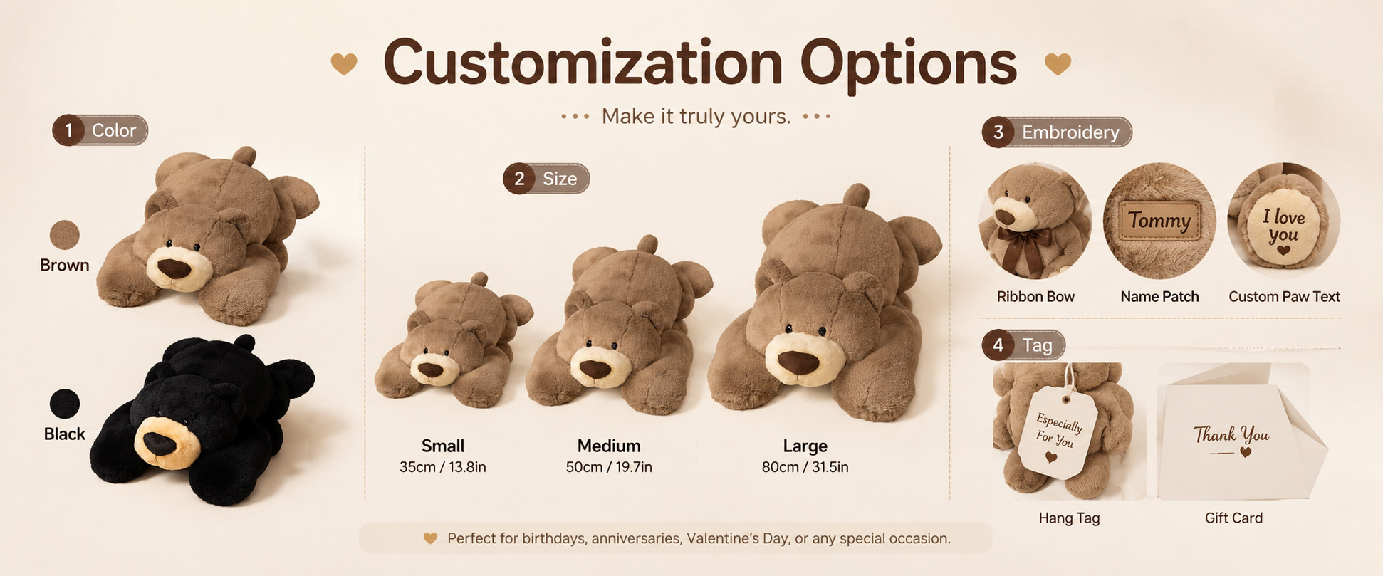 Bear Design Classic Bear, Cute Bear, Hug Pillow Bear, Weighted Bear, Cartoon Bear, or Buyer-Owned Custom Design Weight Options Lightweight, Medium Weighted Feel, Heavy Weighted Feel, Balanced Insert, or Custom Weight Distribution Size Options Small Gift Size, Medium Hug Size, Large Pillow Size, Kids Gift Size, or Custom Dimensions