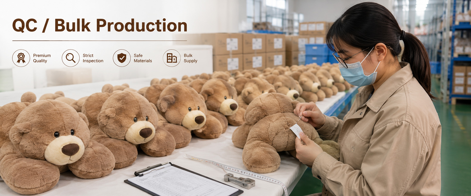 Material Check Fabric softness, color consistency, texture, smell, and material quality Shape Check Bear shape, pillow structure, size accuracy, stitching alignment, and overall appearance Weight Check Weight target, weight balance, insert placement, filling stability, and comfortable weighted feel