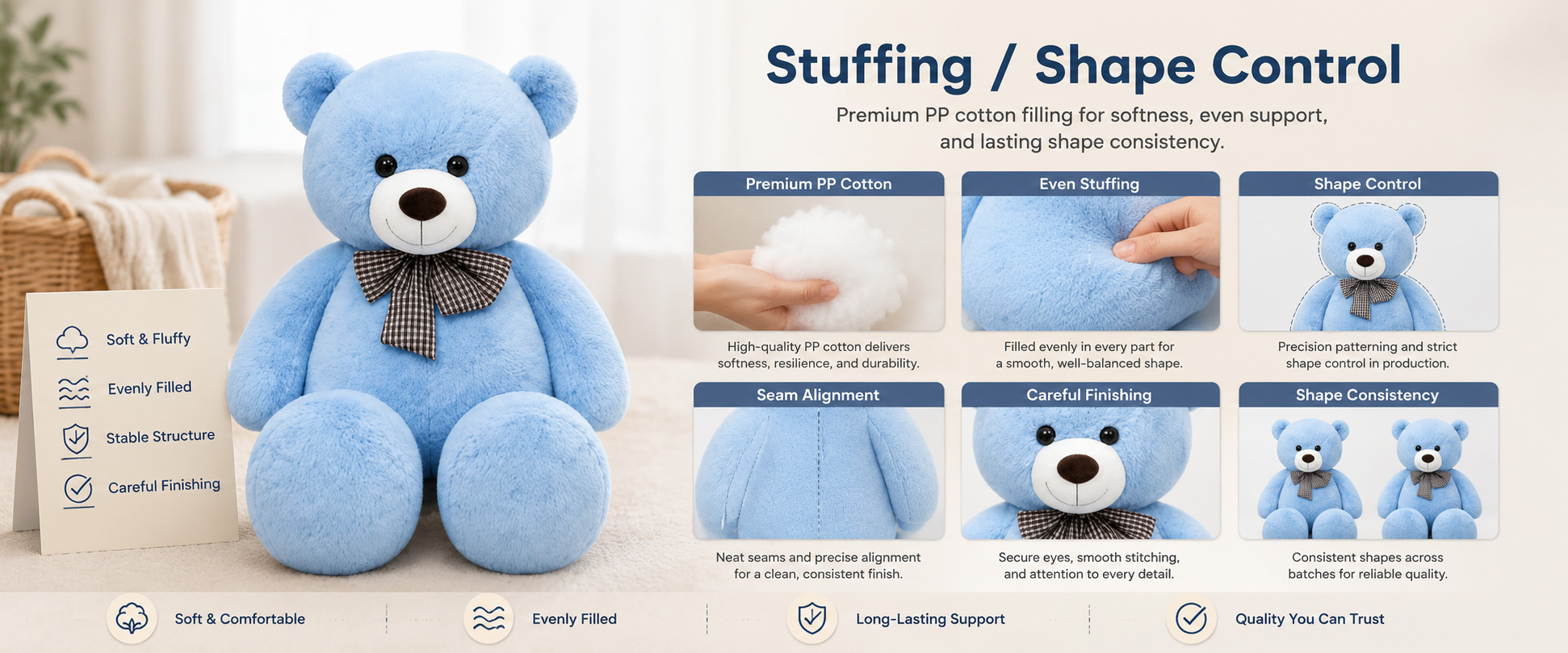 Materials and Craftsmanship For a Giant Teddy Bear, fabric softness, body proportion, filling balance, and shape stability are very important. Materials and Craftsmanship
For a Giant Teddy Bear, fabric softness, body proportion, filling balance, and shape stability are very important.