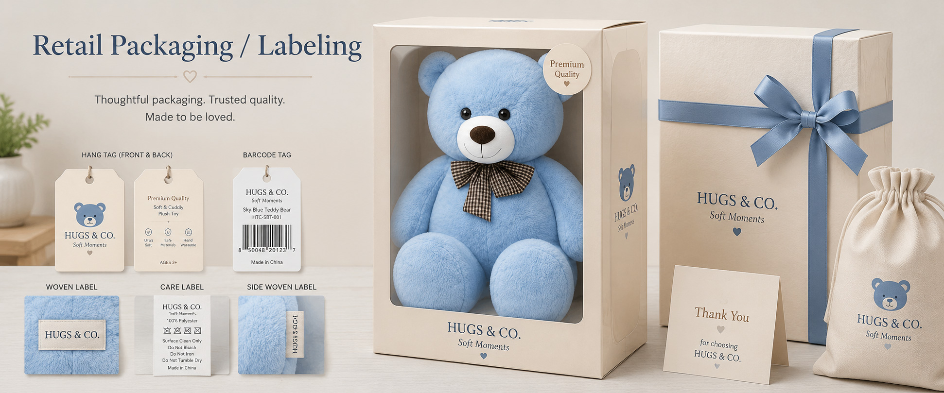 Individual Poly Bag Protects each giant teddy bear plush toy during storage and shipment Vacuum Packing Helps reduce shipping volume for large teddy bear plush orders Custom Hang Tag Adds product information, barcode, logo, bear name, collection name, and retail details Individual Poly Bag Protects each giant teddy bear plush toy during storage and shipment
Vacuum Packing Helps reduce shipping volume for large teddy bear plush orders
Custom Hang Tag Adds product information, barcode, logo, bear name, collection name, and retail details