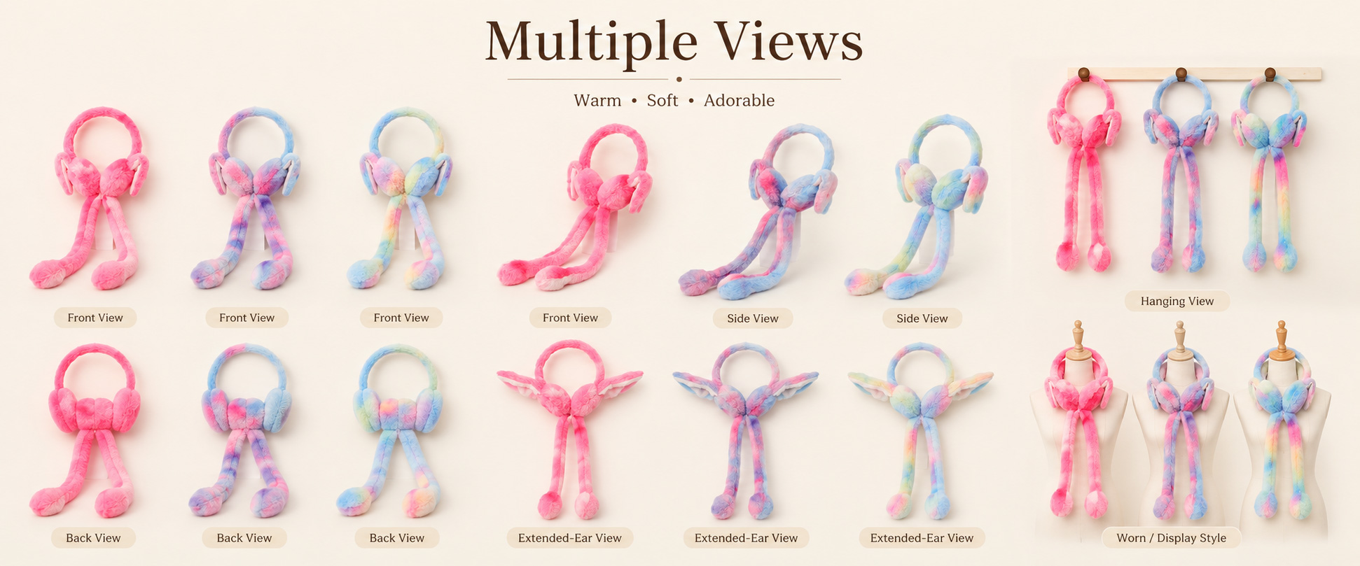 Character Design	Rabbit Ears, Bear Ears, Cat Ears, Animal Face, Cartoon Style, or Buyer-Owned Custom Design
Color Options	Pink, White, Beige, Brown, Blue, Purple, Rainbow Colors, Pastel Colors, or Pantone Matching
Fabric Choice	Faux Fur Plush, Sherpa Plush, Fleece, Super Soft Plush, Short Plush, or Buyer-Specified Textile