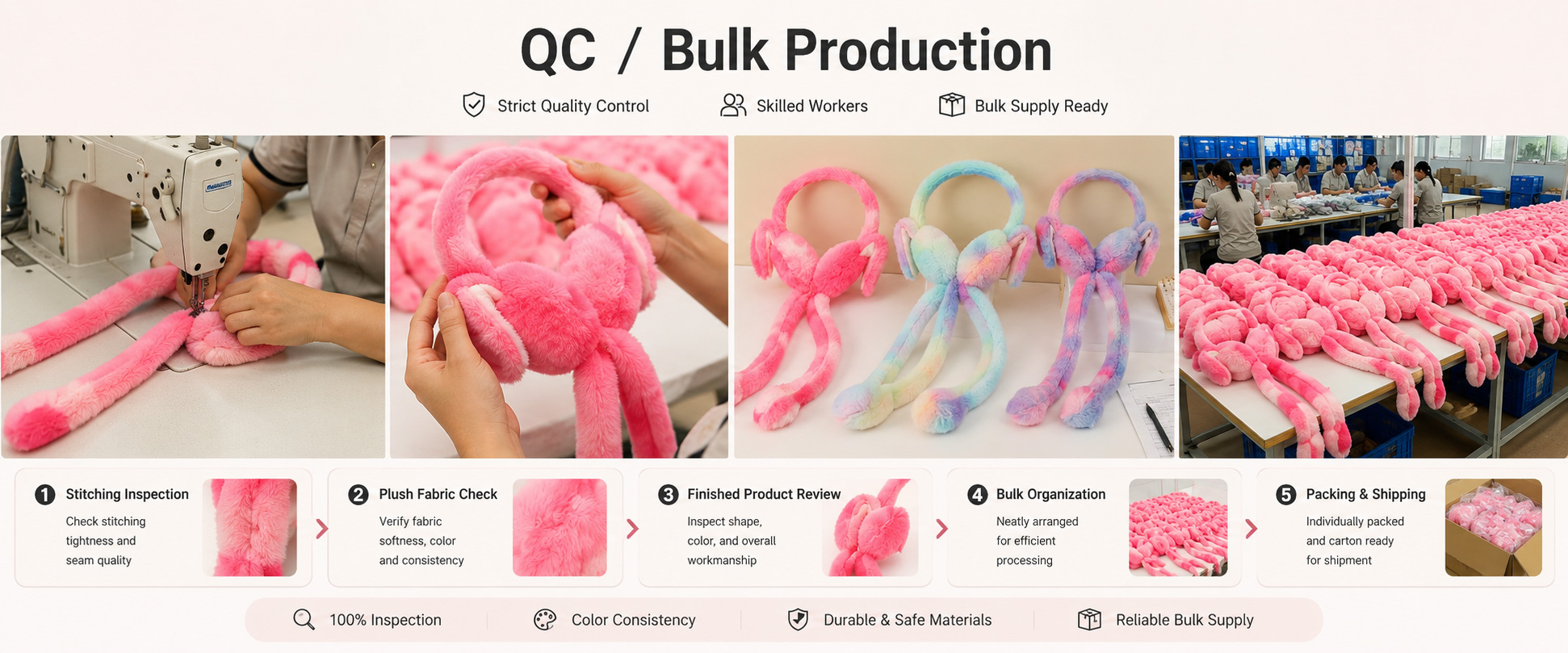 Material Check	Plush softness, fabric texture, color consistency, smell, thickness, and surface quality
Shape Check	Rabbit ear shape, earmuff size, headband curve, color matching, and overall appearance
Sewing Check	Stitching quality, seam strength, edge finishing, lining sewing, and decoration attachment