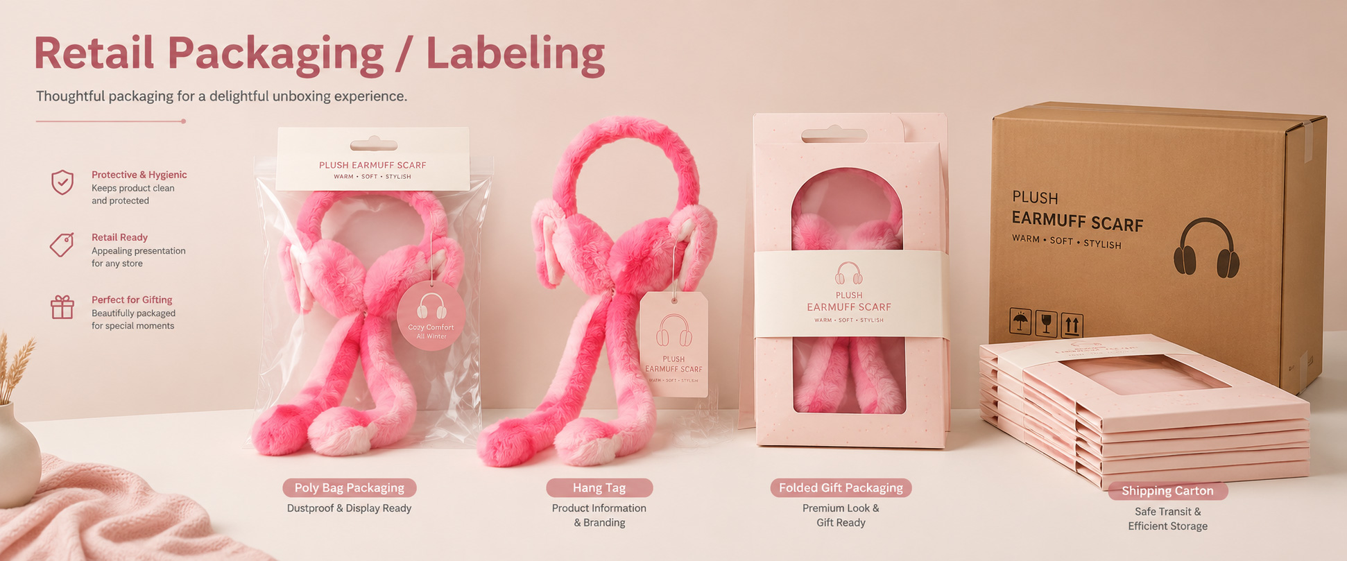 Individual Poly Bag	Protects each plush earmuff during storage, shipping, and wholesale handling
Header Card	Suitable for hanging displays in fashion stores, gift shops, supermarkets, and accessory sections
Care Label	Shows material information, cleaning guidance, size details, and product care instructions