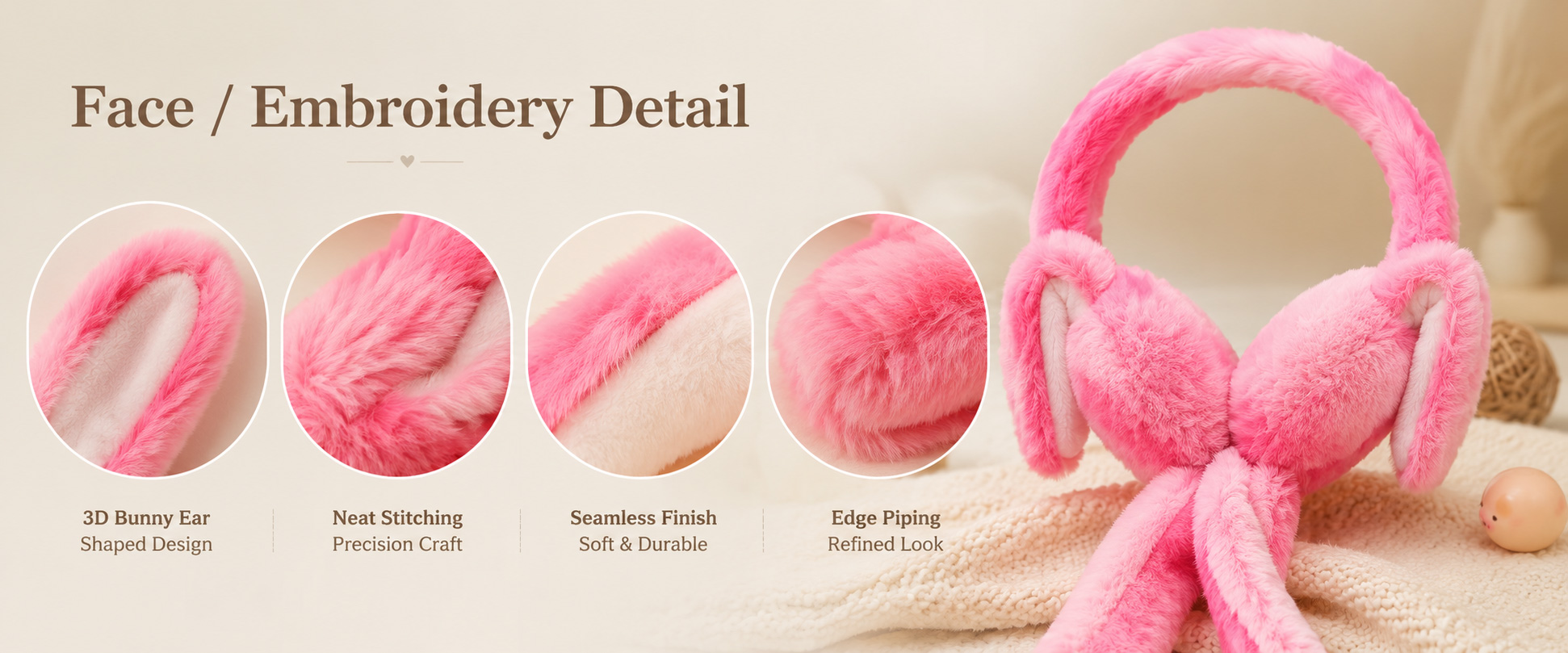 Materials and Craftsmanship

For Cute Rabbit Ear Plush Earmuffs, soft fabric texture, comfortable headband structure, stable stitching, and neat character shaping are important.