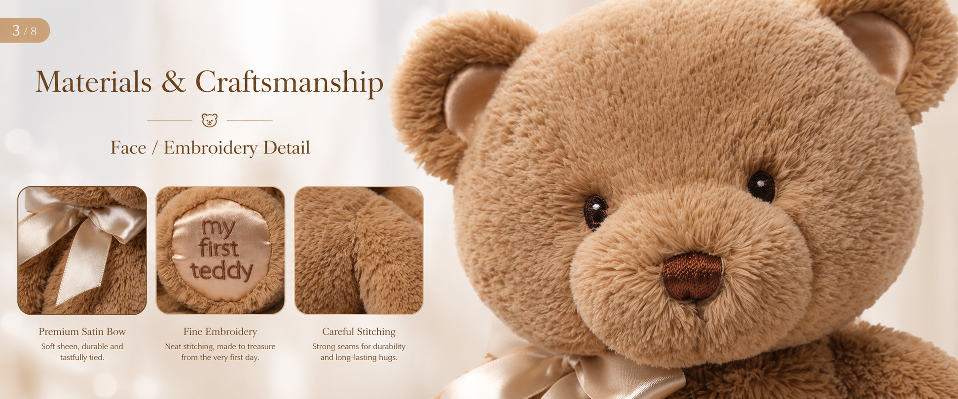 Materials and Craftsmanship

For a Baby Plush product, fabric softness, simple design, clean stitching, balanced filling, and secure finishing are important.