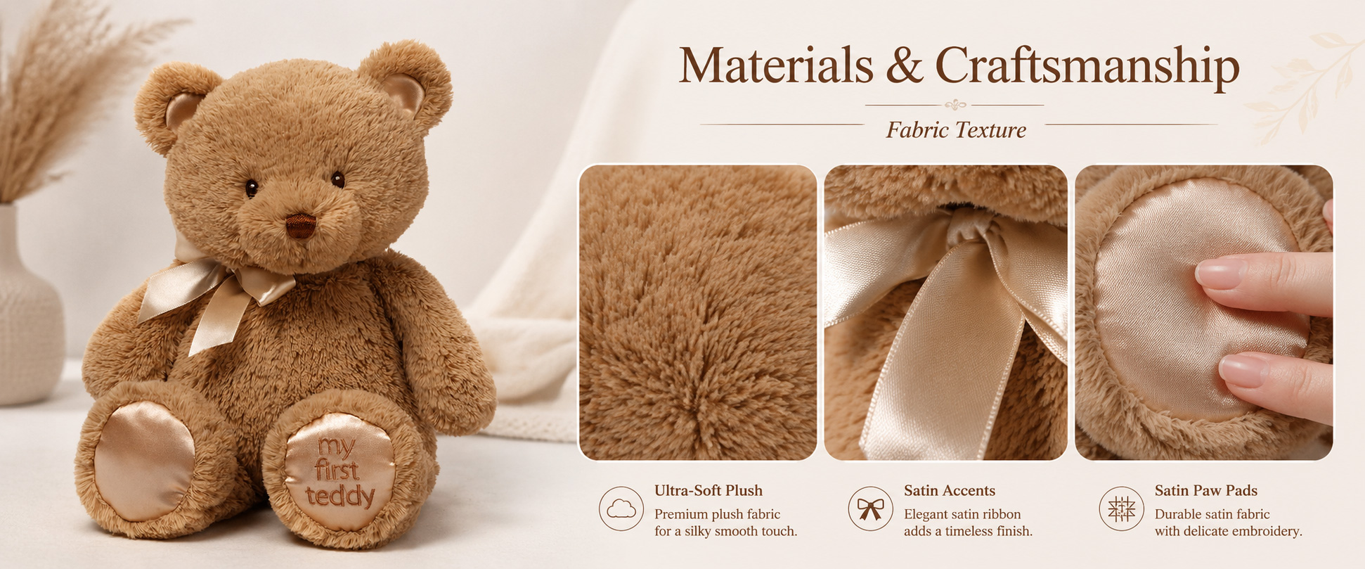 Materials and Craftsmanship

For a Baby Plush product, fabric softness, simple design, clean stitching, balanced filling, and secure finishing are important.
