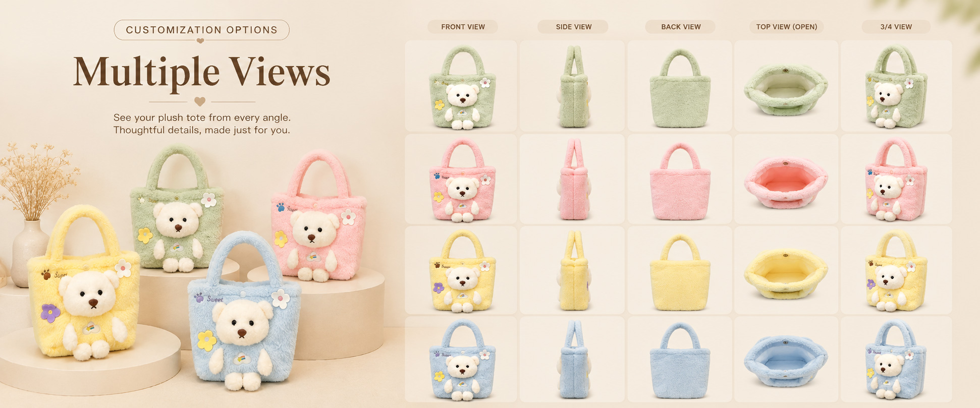 Bag Design Animal Bag, Cartoon Face Bag, Heart Bag, Star Bag, Mini Shoulder Bag, Travel Purse, or Buyer-Owned Design Size Options Mini Gift Size, Kids’ Shoulder Size, Travel Pouch Size, Party Bag Size, or Custom Dimensions Fabric Choice Super Soft Plush, Short Plush, Minky Fabric, Sherpa Plush, Faux Fur Plush, PV Fleece, or Buyer-Specified Textile Bag Design Animal Bag, Cartoon Face Bag, Heart Bag, Star Bag, Mini Shoulder Bag, Travel Purse, or Buyer-Owned Design
Size Options Mini Gift Size, Kids’ Shoulder Size, Travel Pouch Size, Party Bag Size, or Custom Dimensions
Fabric Choice Super Soft Plush, Short Plush, Minky Fabric, Sherpa Plush, Faux Fur Plush, PV Fleece, or Buyer-Specified Textile