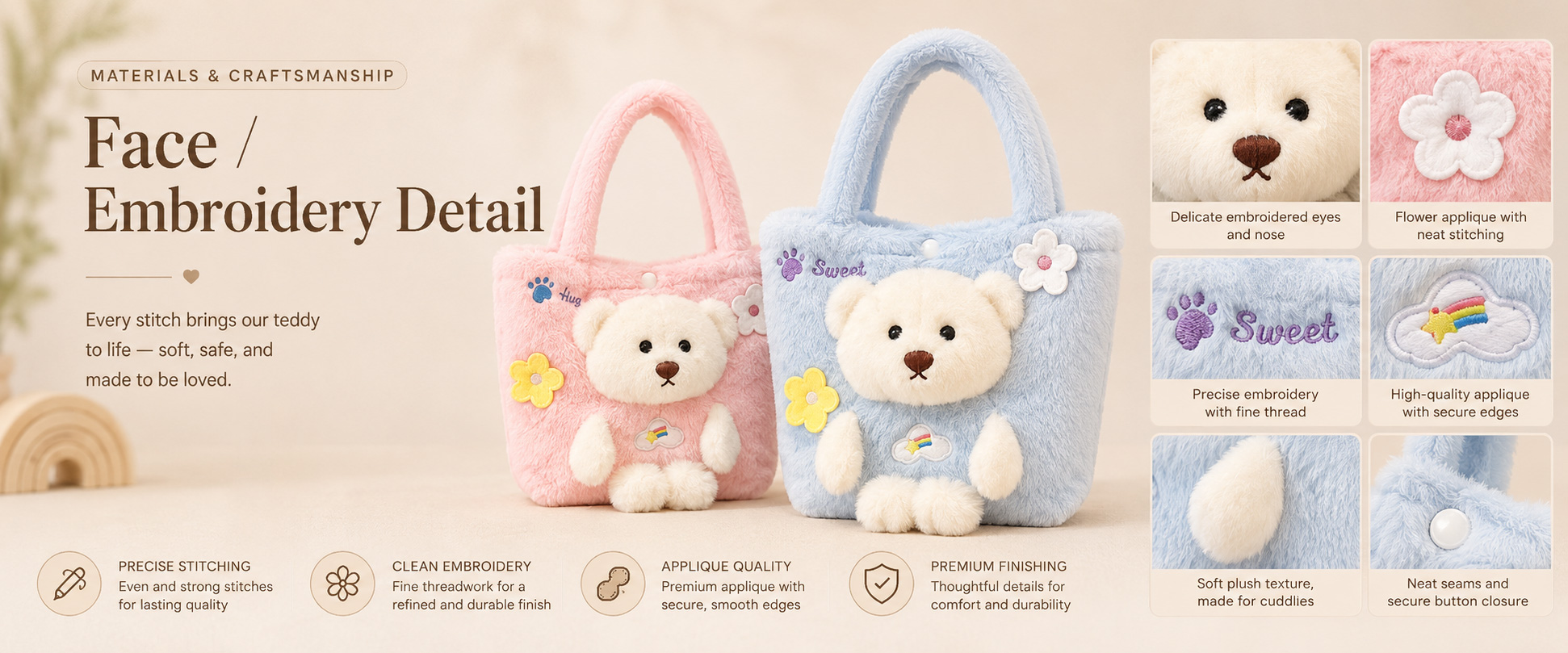 Materials and Craftsmanship

For a Cute Plush Handbag for Girls, soft plush texture, neat embroidery, smooth zipper, stable strap connection, and clean bag shaping are important.