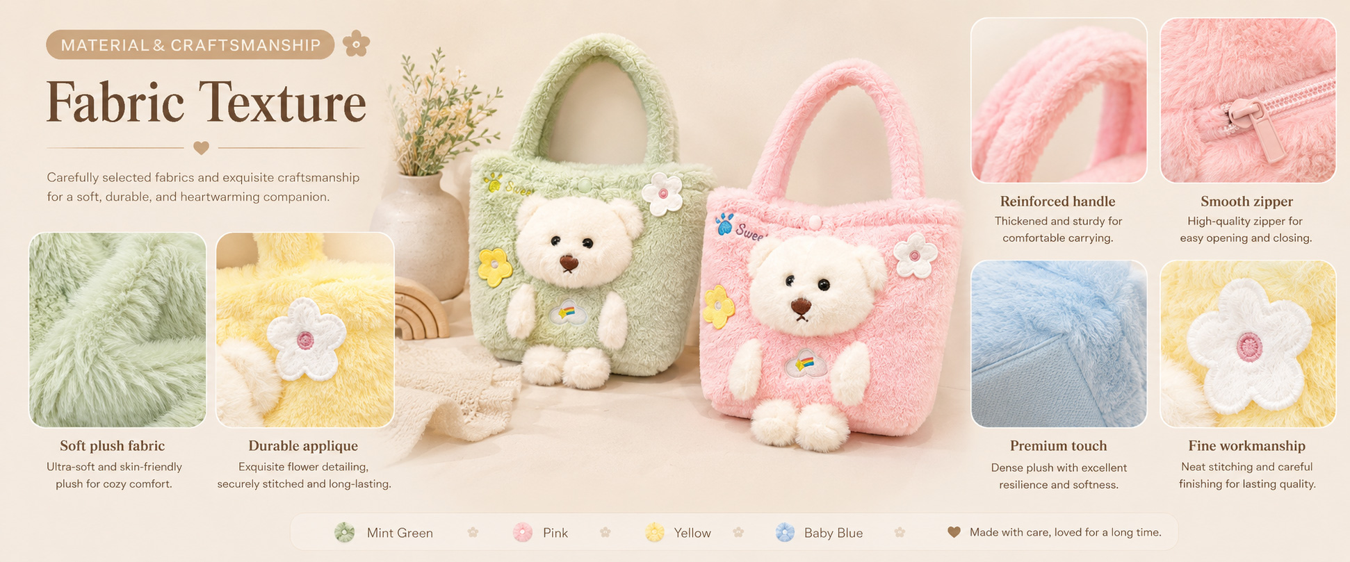 Materials and Craftsmanship

For a Cute Plush Handbag for Girls, soft plush texture, neat embroidery, smooth zipper, stable strap connection, and clean bag shaping are important.