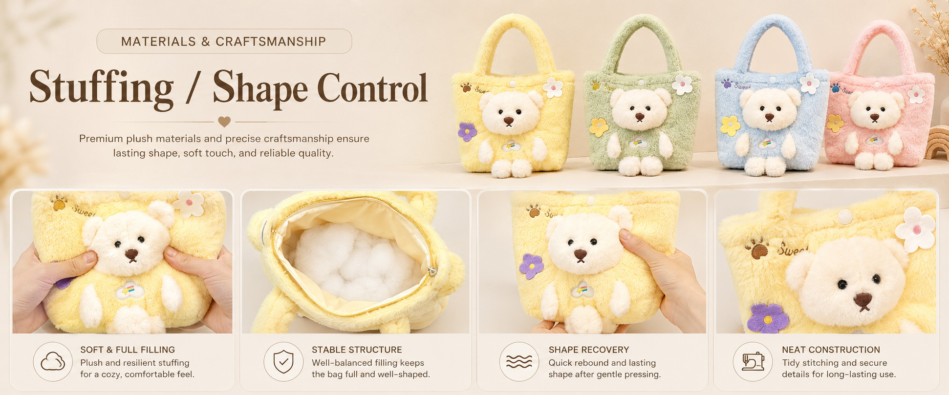 Materials and Craftsmanship For a Cute Plush Handbag for Girls, soft plush texture, neat embroidery, smooth zipper, stable strap connection, and clean bag shaping are important. Materials and Craftsmanship
For a Cute Plush Handbag for Girls, soft plush texture, neat embroidery, smooth zipper, stable strap connection, and clean bag shaping are important.