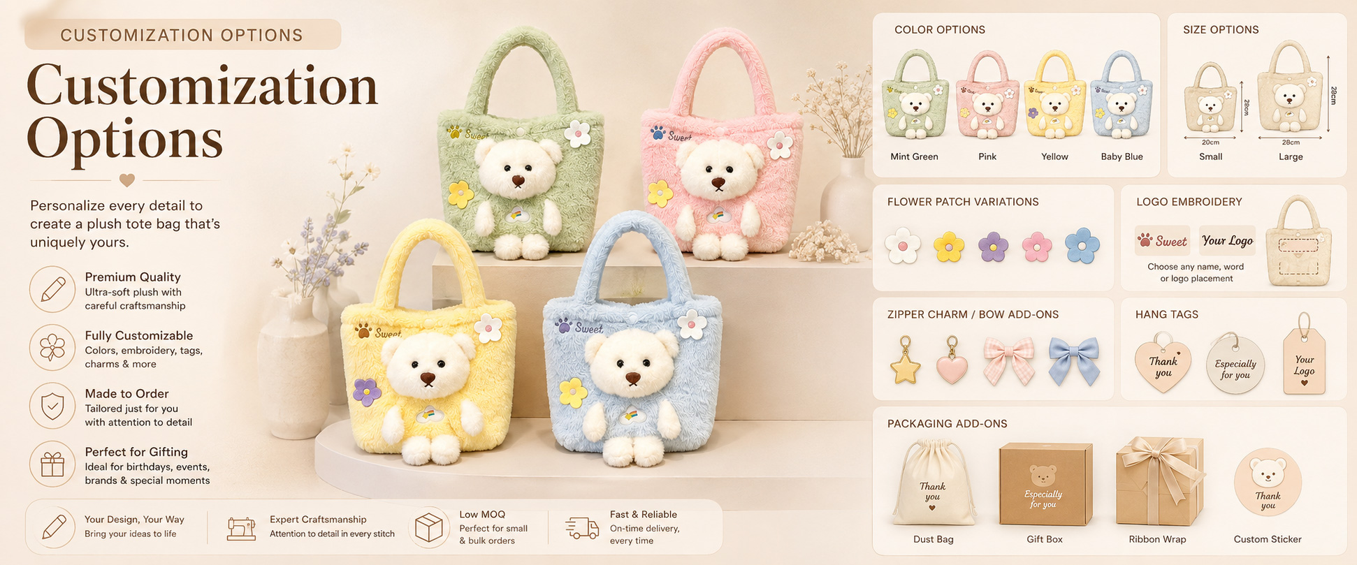 Bag Design	Animal Bag, Cartoon Face Bag, Heart Bag, Star Bag, Mini Shoulder Bag, Travel Purse, or Buyer-Owned Design
Size Options	Mini Gift Size, Kids’ Shoulder Size, Travel Pouch Size, Party Bag Size, or Custom Dimensions
Fabric Choice	Super Soft Plush, Short Plush, Minky Fabric, Sherpa Plush, Faux Fur Plush, PV Fleece, or Buyer-Specified Textile
