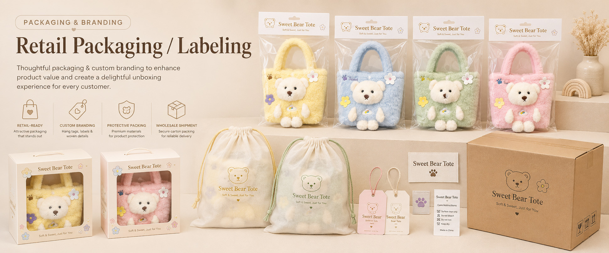 Individual Poly Bag Protects each plush handbag during storage, shipping, and wholesale handling Header Card Suitable for hanging displays in gift shops, toy stores, boutique stores, and accessory sections Care Label Shows fabric care, cleaning guidance, material information, and product details Individual Poly Bag Protects each plush handbag during storage, shipping, and wholesale handling
Header Card Suitable for hanging displays in gift shops, toy stores, boutique stores, and accessory sections
Care Label Shows fabric care, cleaning guidance, material information, and product details