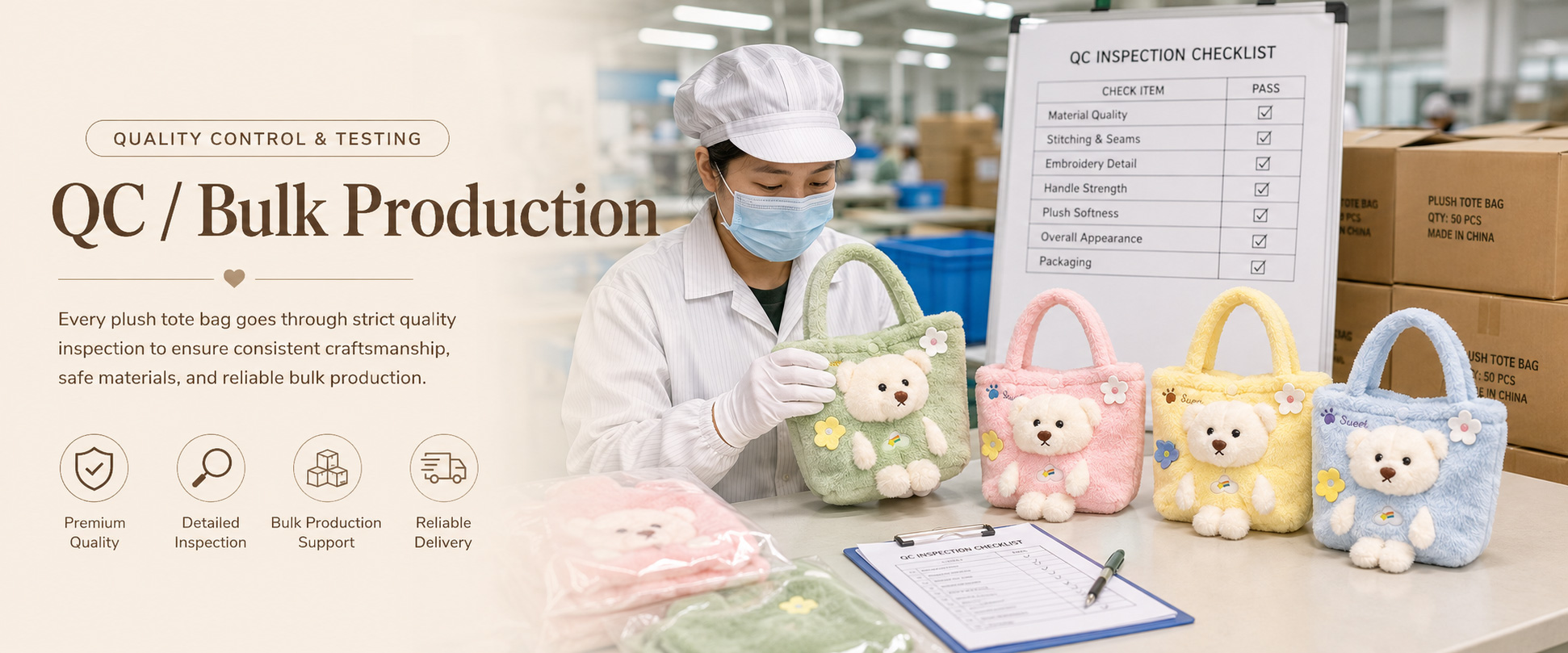 Material Check Plush softness, fabric texture, color consistency, smell, thickness, and surface quality Shape Check Bag shape, size accuracy, panel alignment, character details, and overall appearance Embroidery Check Eyes, mouth, blush detail, logo embroidery, applique parts, and decorative stitching quality Material Check Plush softness, fabric texture, color consistency, smell, thickness, and surface quality
Shape Check Bag shape, size accuracy, panel alignment, character details, and overall appearance
Embroidery Check Eyes, mouth, blush detail, logo embroidery, applique parts, and decorative stitching quality