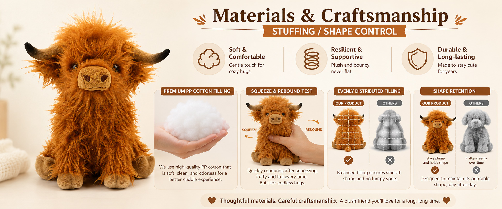 Materials and Craftsmanship

As a custom plush toy manufacturer, we focus on soft fabric selection, realistic animal shape, balanced filling, and clean finishing.