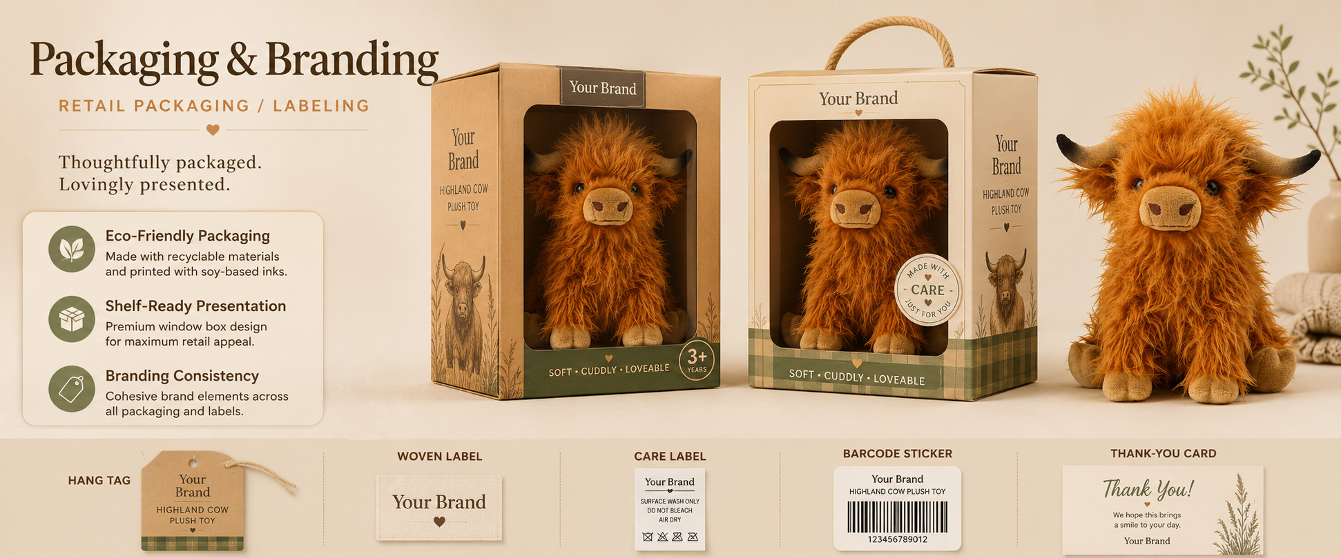 Individual Poly Bag	Protects each Highland cow plush toy during storage and shipment
Custom Hang Tag	Adds product information, barcode, logo, animal name, and retail details
Woven Label	Supports private label branding and professional product identity