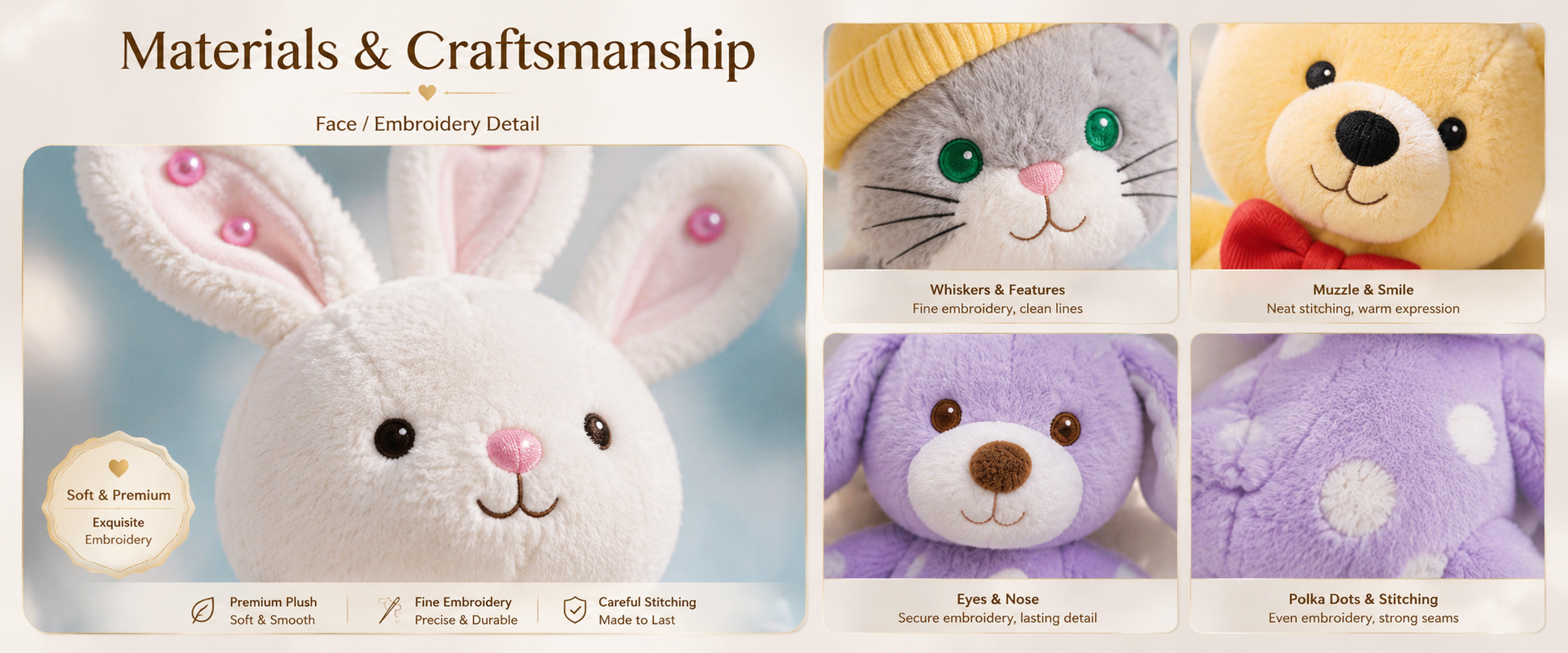 Materials and Craftsmanship

For an OEM Baby Plush Toy, soft fabric, simple structure, clean stitching, balanced filling, and gentle facial details are important.