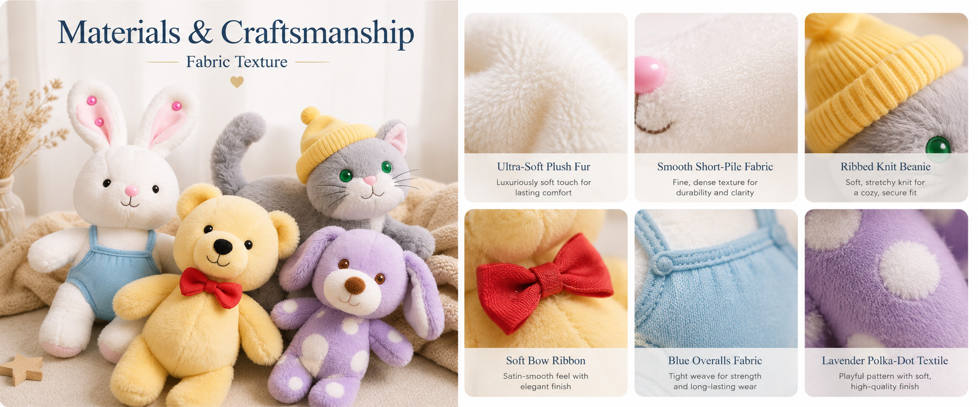 Materials and Craftsmanship

For an OEM Baby Plush Toy, soft fabric, simple structure, clean stitching, balanced filling, and gentle facial details are important.