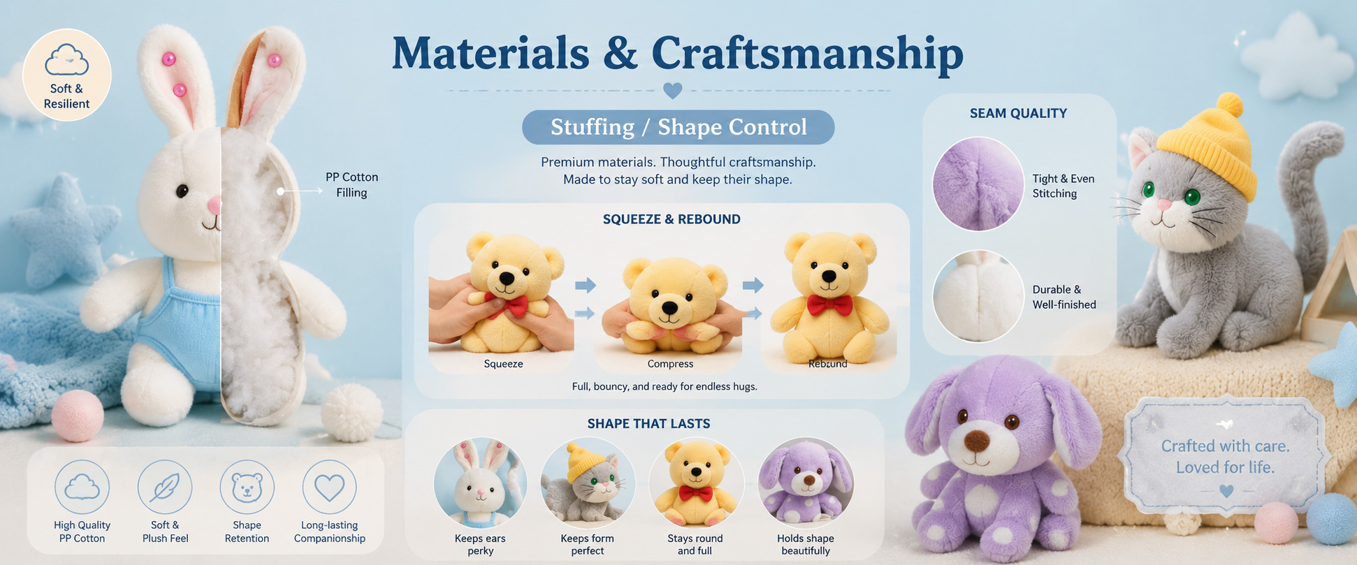 Materials and Craftsmanship

For an OEM Baby Plush Toy, soft fabric, simple structure, clean stitching, balanced filling, and gentle facial details are important.
