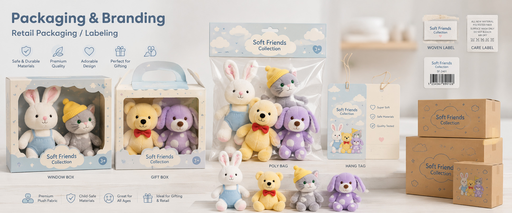 Individual Poly Bag	Protects each baby plush toy during storage, shipping, and wholesale handling
Care Label	Shows material information, care instructions, age grade, and basic product details
Woven Label	Supports private label branding and professional baby product presentation