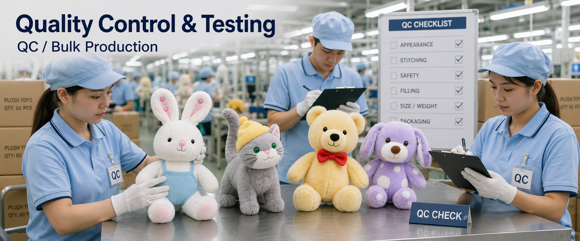 Material Check	Fabric softness, color consistency, texture, and material quality
Sample Review	Plush shape, baby gift style, face expression, size, color matching, and overall appearance
Sewing Check	Stitching quality, seam strength, edge finishing, and plush toy structure