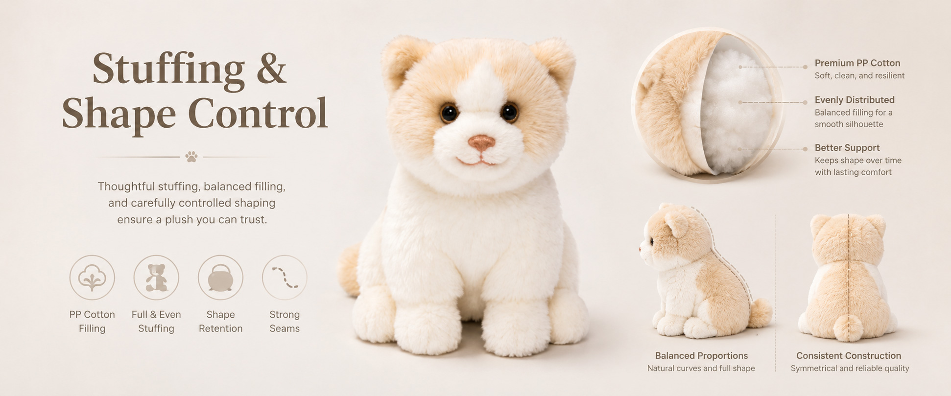 Materials and Craftsmanship

For a Soft Plush Cat Toy, fabric softness, cat shape, stitching quality, and filling balance are important for both appearance and customer experience.