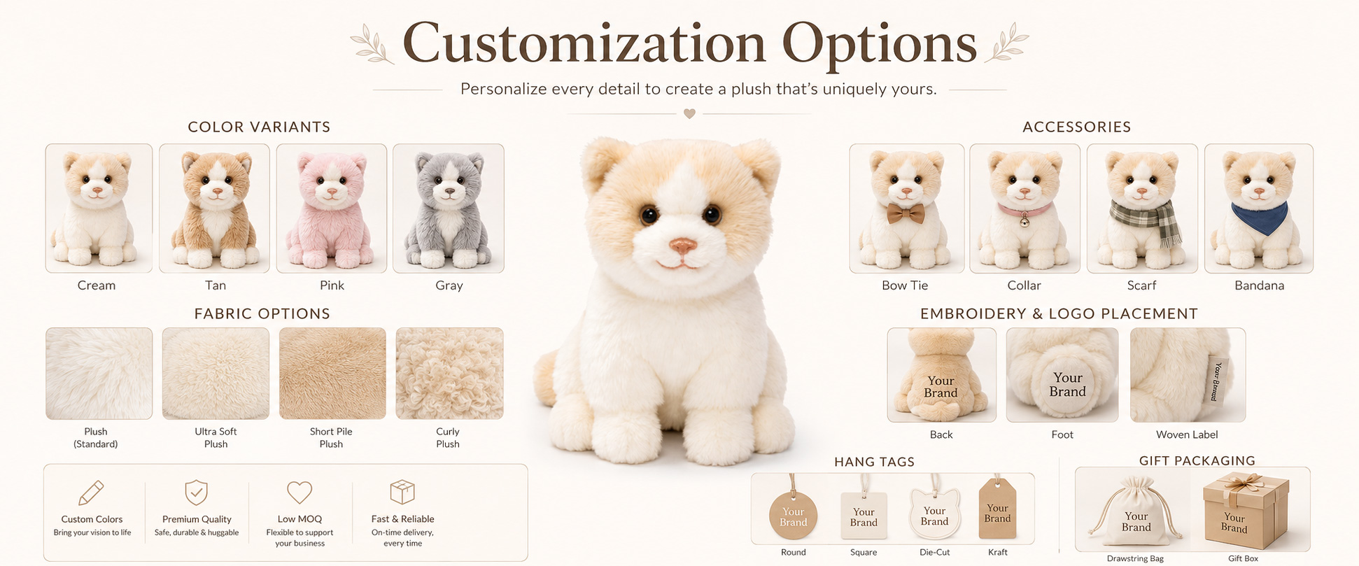 Cat Design	Sitting Cat, Lying Cat, Cute Cat, Cartoon Cat, Kawaii Cat, Realistic Cat, Anime Cat, or Custom Character
Size	Mini Plush, Medium Plush, Large Plush, Giant Plush, Keychain Size, or Custom Dimensions
Fabric Choice	Super Soft Plush, Short Plush, Long Plush, PV Fleece, Minky Fabric, Smooth Plush, or Fluffy Plush