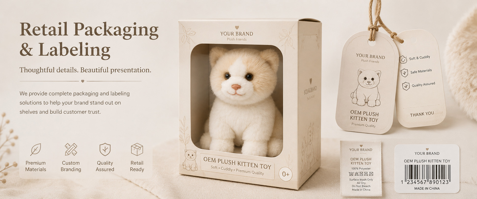 Individual Poly Bag	Protects each plush cat toy during storage and shipment
Custom Hang Tag	Adds product information, barcode, logo, cat name, collection name, and retail details
Woven Label	Supports private label branding and professional product identity