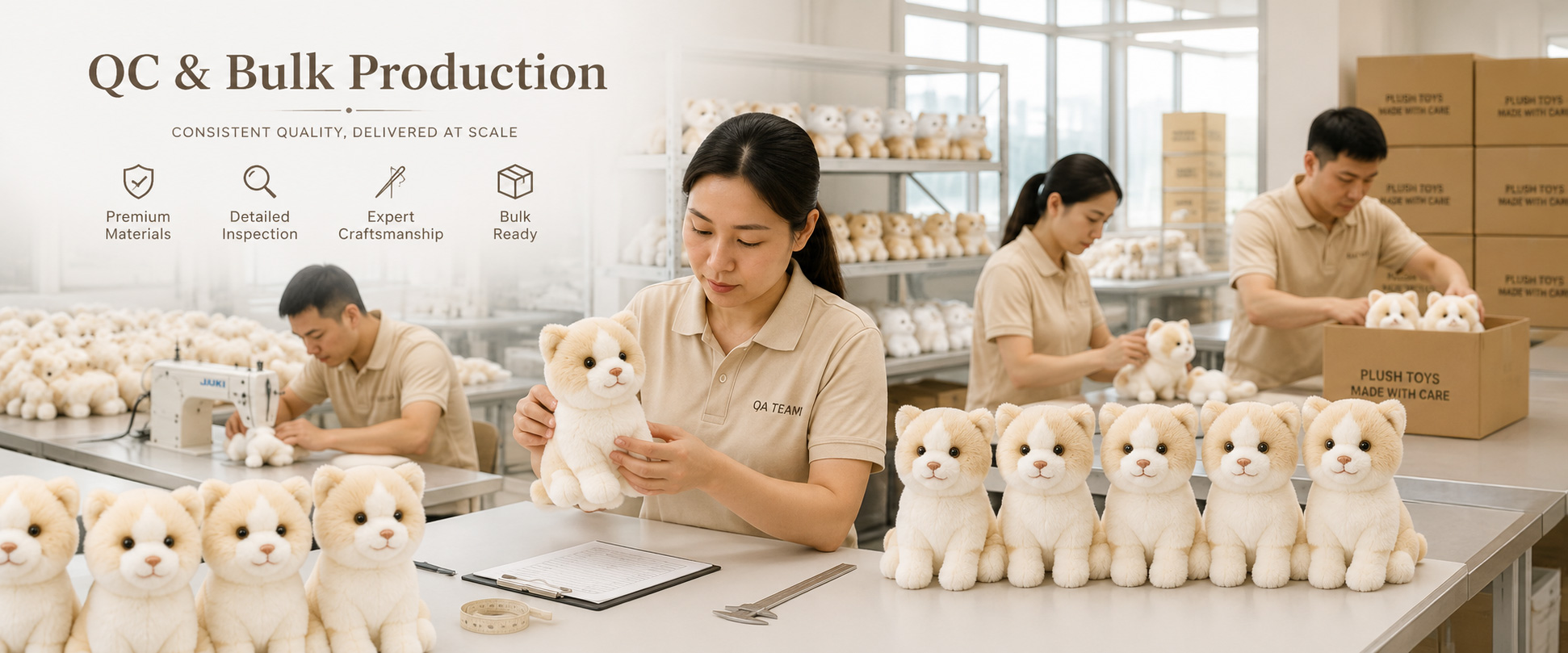 Material Check	Fabric softness, color consistency, texture, and material quality
Sample Review	Cat shape, size, face design, ear position, tail style, and overall appearance
Sewing Check	Stitching quality, seam strength, paw details, and plush toy structure