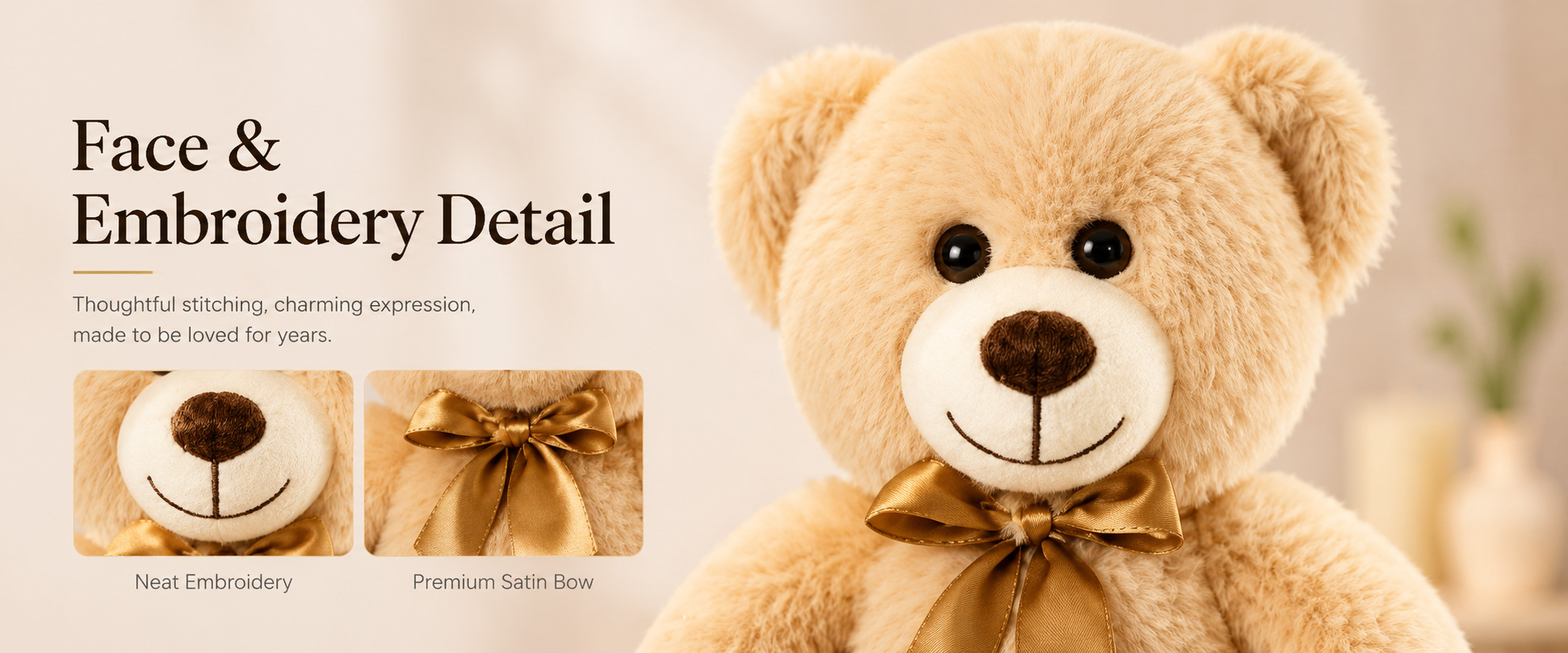 Materials and Craftsmanship

For an Ultra Soft Plush Toy, fabric softness, filling balance, stitching quality, and teddy bear shape are very important.