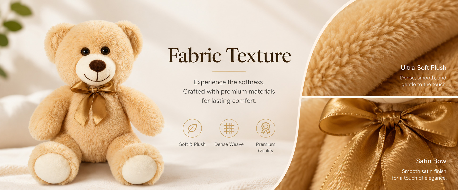 Materials and Craftsmanship

For an Ultra Soft Plush Toy, fabric softness, filling balance, stitching quality, and teddy bear shape are very important.