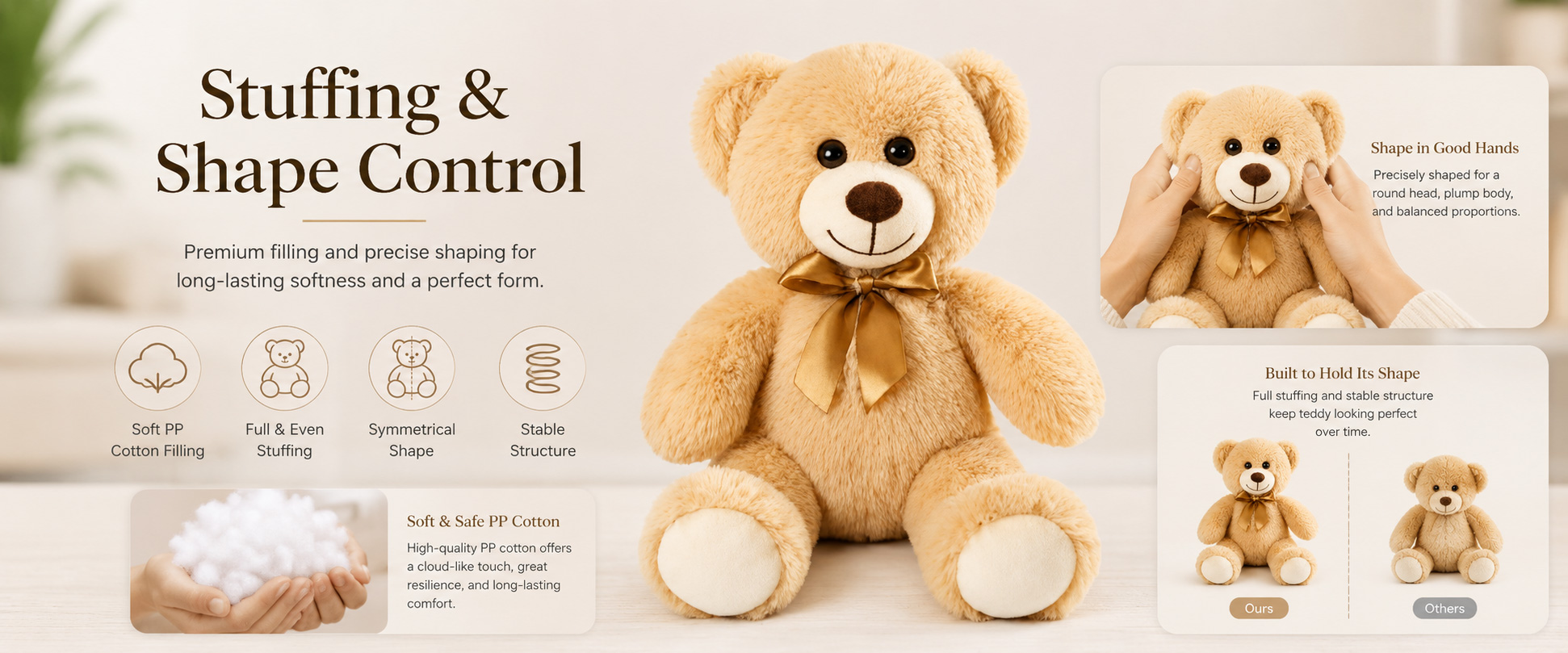 Materials and Craftsmanship For an Ultra Soft Plush Toy, fabric softness, filling balance, stitching quality, and teddy bear shape are very important. Materials and Craftsmanship
For an Ultra Soft Plush Toy, fabric softness, filling balance, stitching quality, and teddy bear shape are very important.