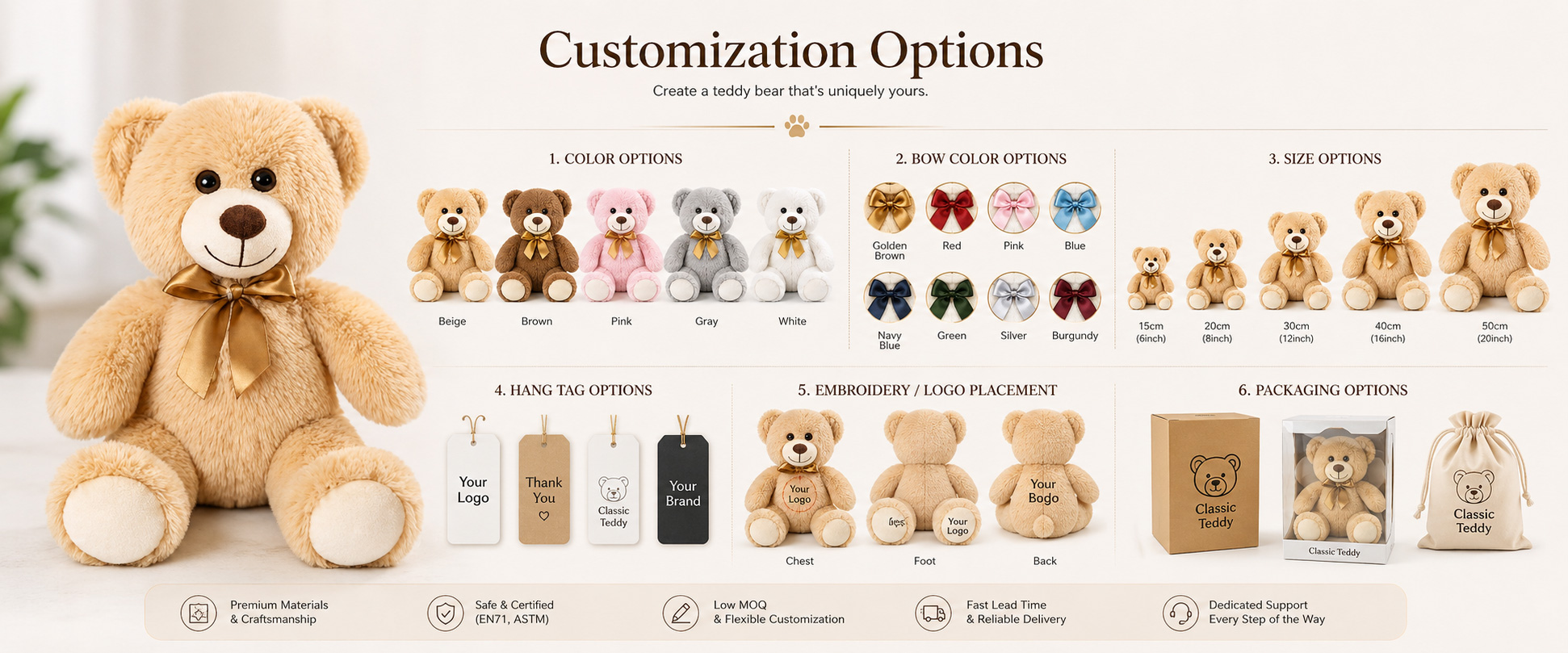 Bear Design	Classic Teddy Bear, Sitting Bear, Standing Bear, Baby Bear, Luxury Bear, Gift Bear, or Custom Mascot Bear
Size	Mini Plush, Medium Plush, Large Plush, Giant Plush, Display Plush, or Custom Dimensions
Fabric Choice	Ultra Soft Plush, Super Soft Plush, Short Plush, Long Plush, PV Fleece, Minky Fabric, or Fluffy Plush