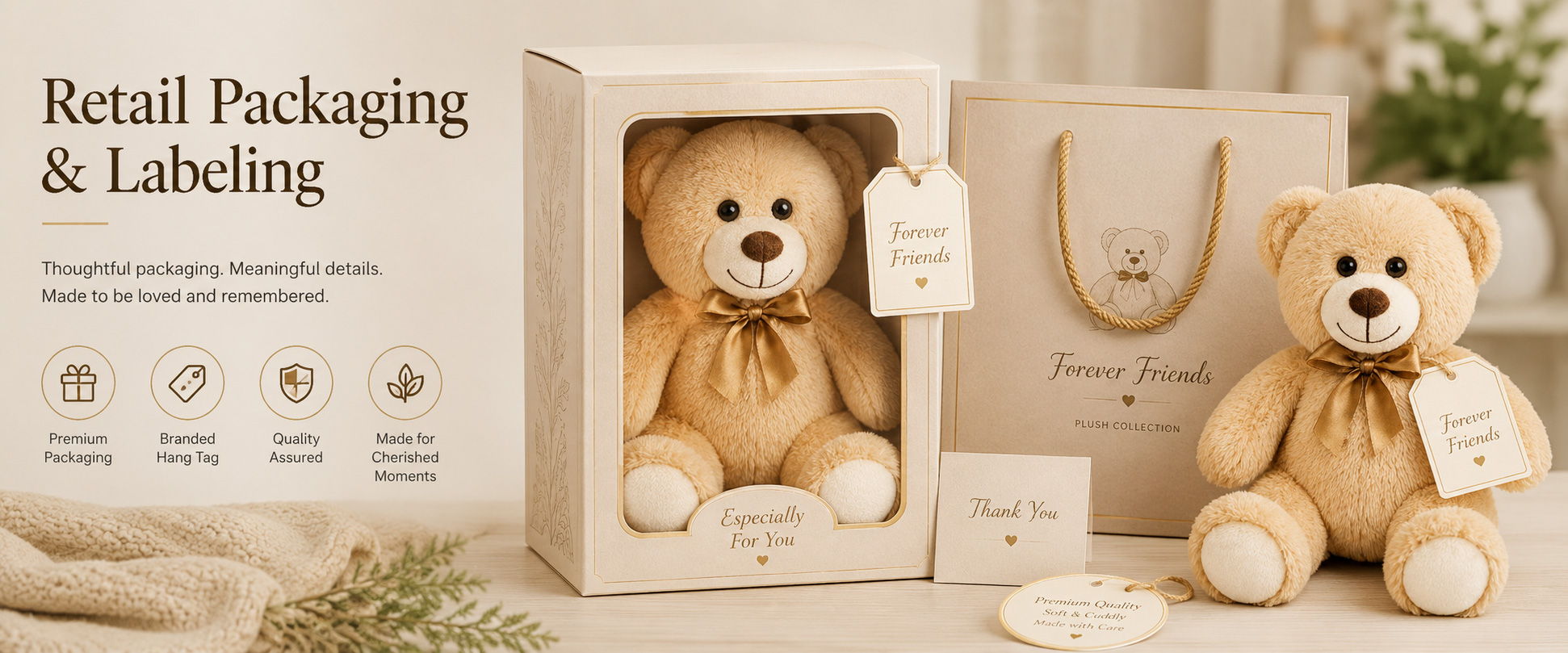 Individual Poly Bag Protects each teddy bear plush toy during storage and shipment Custom Hang Tag Adds product information, barcode, logo, bear name, collection name, and retail details Woven Label Supports private label branding and professional product identity Individual Poly Bag Protects each teddy bear plush toy during storage and shipment
Custom Hang Tag Adds product information, barcode, logo, bear name, collection name, and retail details
Woven Label Supports private label branding and professional product identity