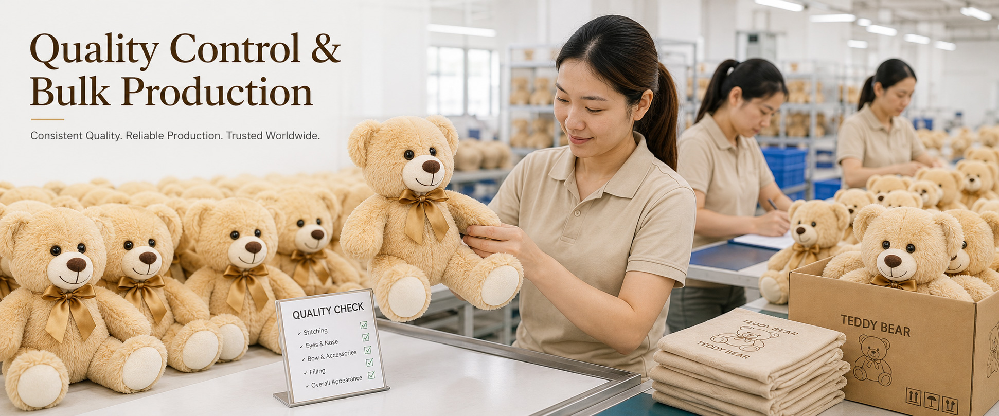Material Check Fabric softness, color consistency, texture, and material quality Sample Review Bear shape, size, face design, ear position, body proportion, and overall appearance Sewing Check Stitching quality, seam strength, paw details, and plush toy structure Material Check Fabric softness, color consistency, texture, and material quality
Sample Review Bear shape, size, face design, ear position, body proportion, and overall appearance
Sewing Check Stitching quality, seam strength, paw details, and plush toy structure