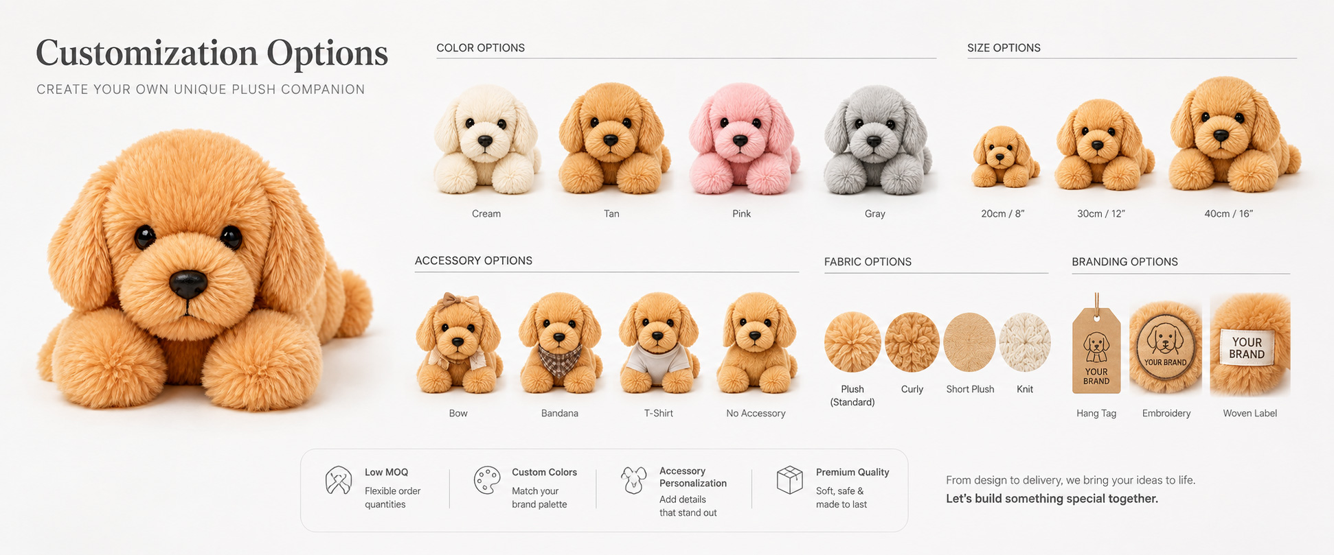 Dog Style Realistic Spaniel, Cute Puppy, Sitting Dog, Lying Dog, Cartoon Puppy, or Custom Dog Character Size Mini Plush, Medium Plush, Large Plush, Display-Size Plush, or Custom Dimensions Fabric Choice Short Plush, Long Plush, Super Soft Plush, PV Fleece, Polyester Plush, or Other Soft-Touch Materials