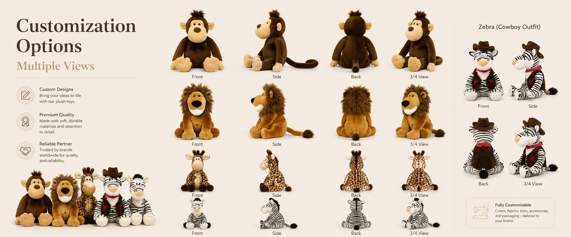 Animal Type Farm Animals, Wildlife Animals, Jungle Animals, Forest Animals, Zoo Animals, or Buyer-Requested Animals Animal Style Cute Cartoon Style, Realistic Style, Baby Animal Style, Mascot Style, or Character Design Size Mini Plush, Medium Plush, Large Plush, Giant Plush, or Custom Dimensions Fabric Choice Short Plush, Long Plush, Super Soft Plush, PV Fleece, Polyester Plush, or Other Soft-Touch Materials
