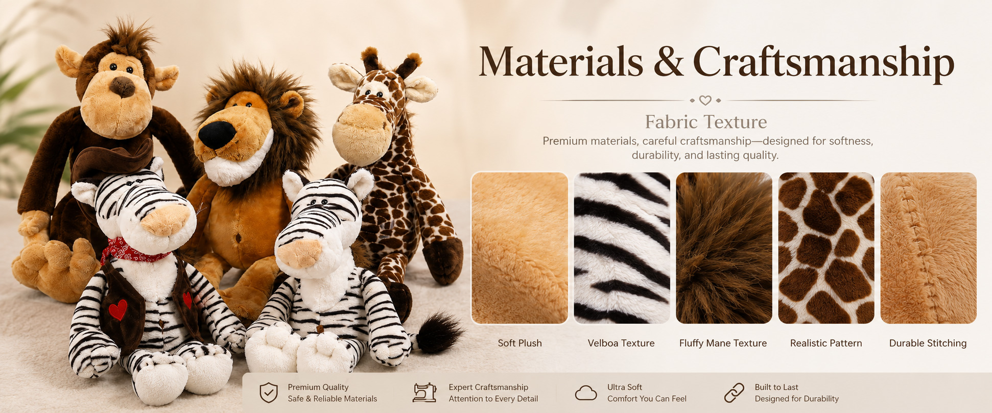 Materials and Craftsmanship As a custom plush toy manufacturer, we focus on soft fabric selection, balanced filling, neat stitching, and clear animal details.