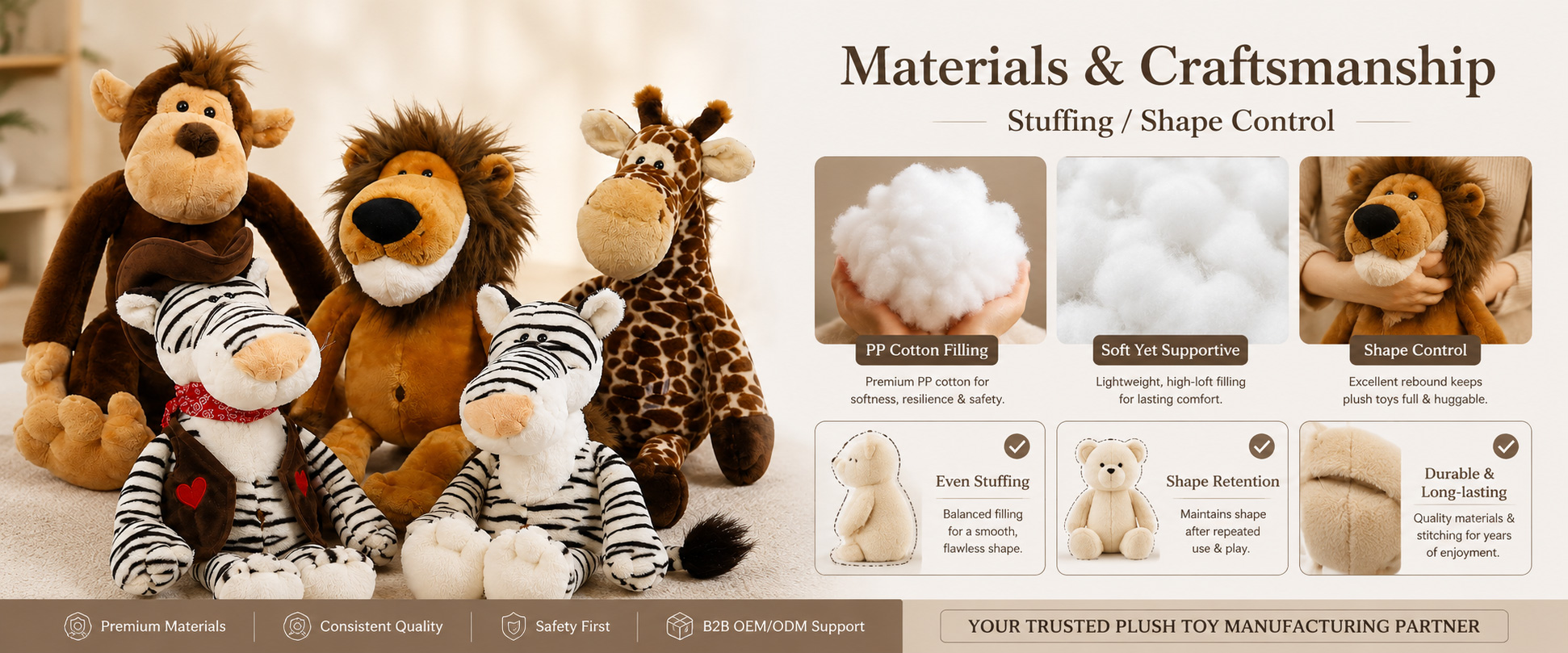 Materials and Craftsmanship As a custom plush toy manufacturer, we focus on soft fabric selection, balanced filling, neat stitching, and clear animal details. Materials and Craftsmanship As a custom plush toy manufacturer, we focus on soft fabric selection, balanced filling, neat stitching, and clear animal details.