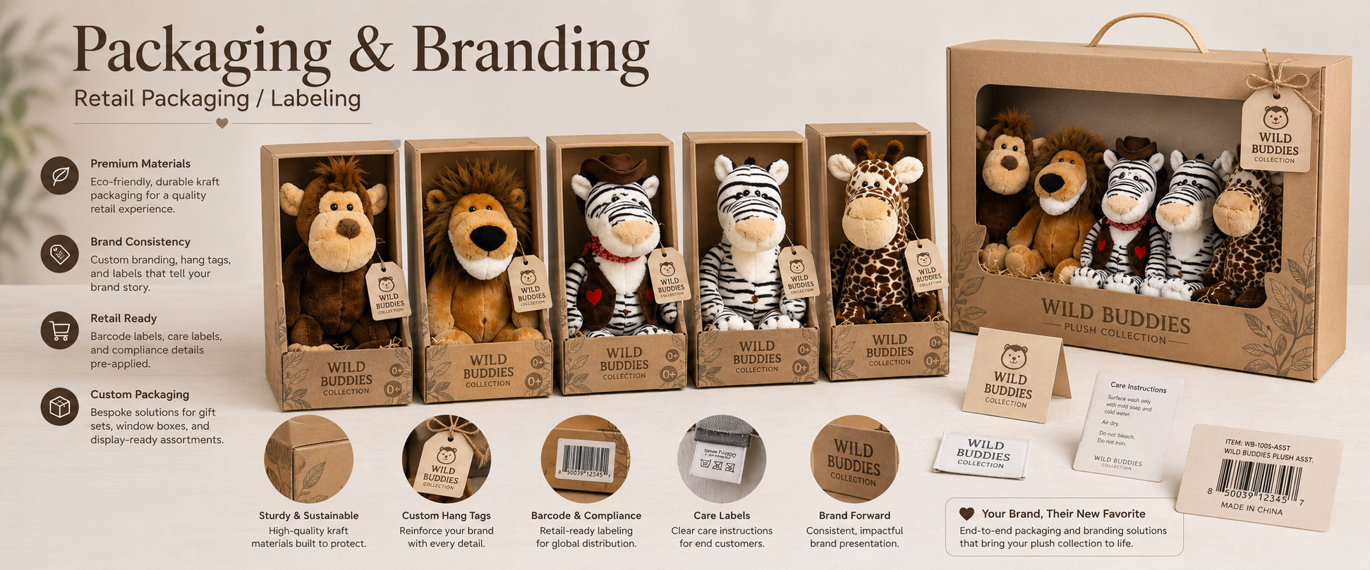 Individual Poly Bag Protects each plush toy during storage and shipment Custom Hang Tag Adds animal name, product details, barcode, logo, and retail information Woven Label Supports private label branding and professional product identity Individual Poly Bag Protects each plush toy during storage and shipment Custom Hang Tag Adds animal name, product details, barcode, logo, and retail information Woven Label Supports private label branding and professional product identity