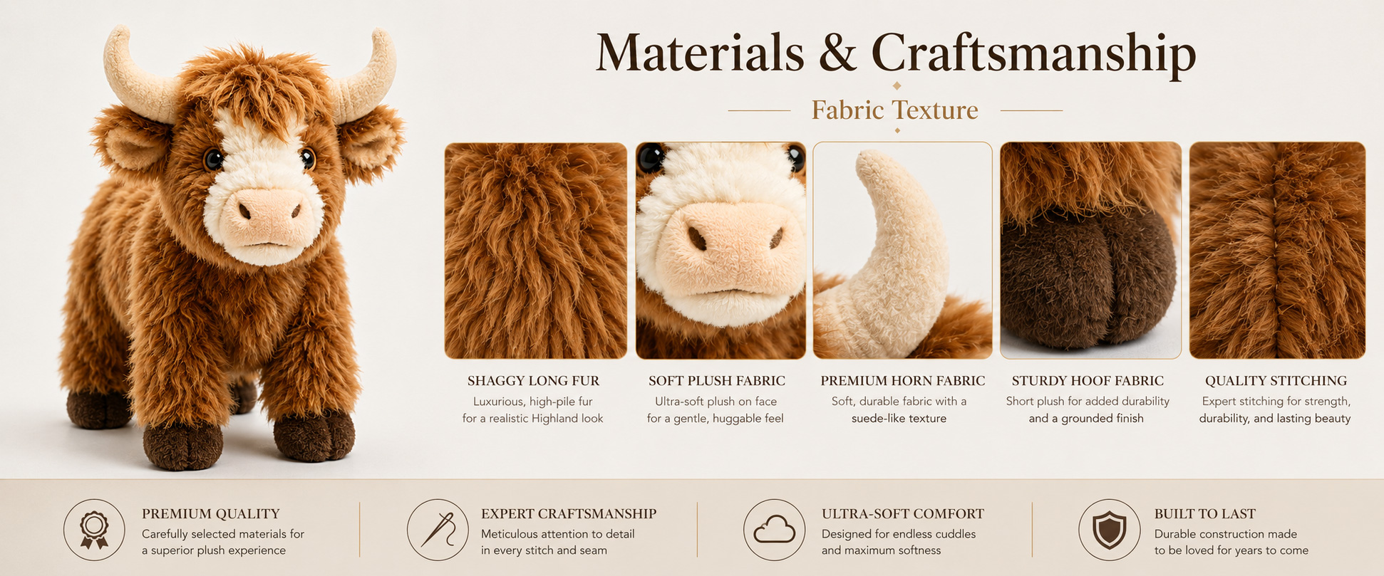 Materials and Craftsmanship

As a plush toy manufacturer, we focus on soft fabric selection, realistic animal shape, balanced filling, and clean finishing.