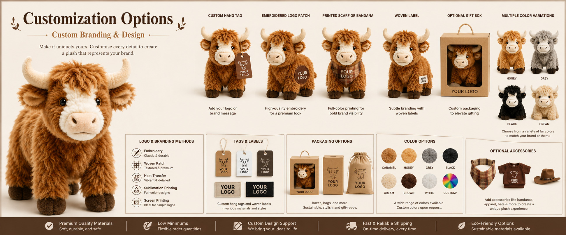 Cow Style	Realistic Highland Cow, Cute Cartoon Cow, Round Cow Plush, Farm Animal Plush, or Mascot Cow Design
Size	Mini Plush, Medium Plush, Large Plush, Display-Size Plush, or Custom Dimensions
Fabric Choice	Long Plush, Super Soft Plush, Short Plush, PV Fleece, Polyester Plush, or Other Soft-Touch Materials