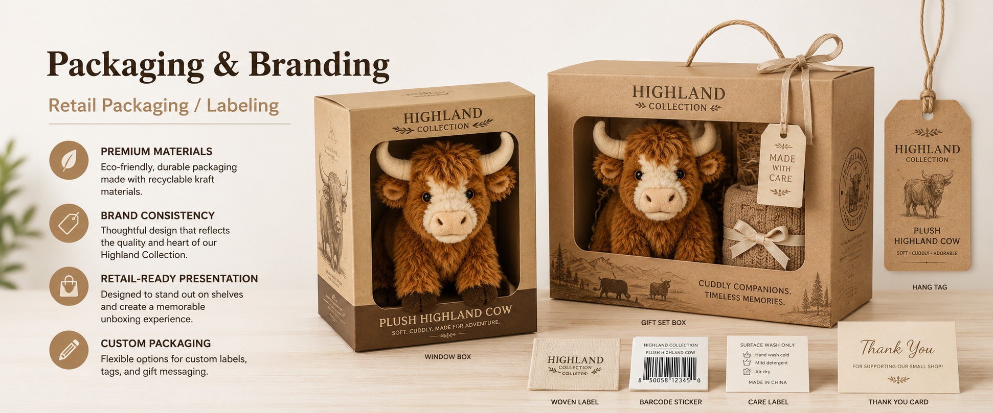 Individual Poly Bag	Protects each Highland cow plush toy during storage and shipment
Custom Hang Tag	Adds product information, barcode, logo, animal name, and retail details
Woven Label	Supports private label branding and professional product identity
Care Label	Shows material, care instructions, and basic product information