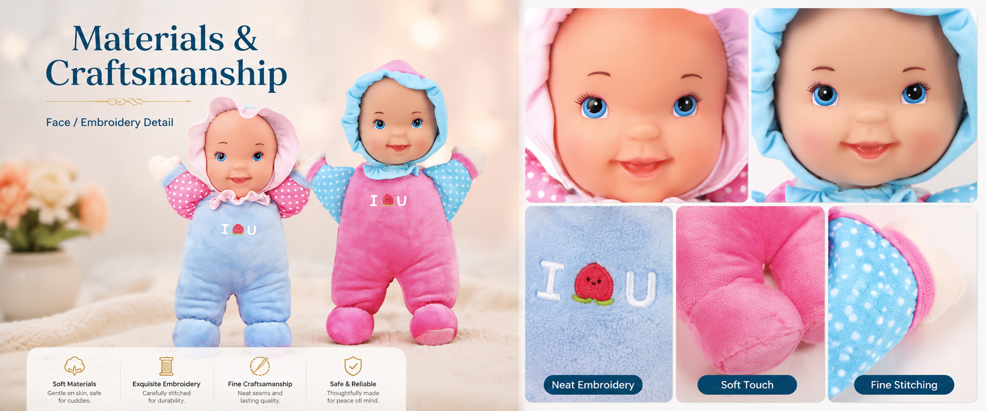 Materials and Craftsmanship For a Baby Comfort Plush Toy, soft fabric, simple structure, clean stitching, balanced filling, and gentle facial details are important.