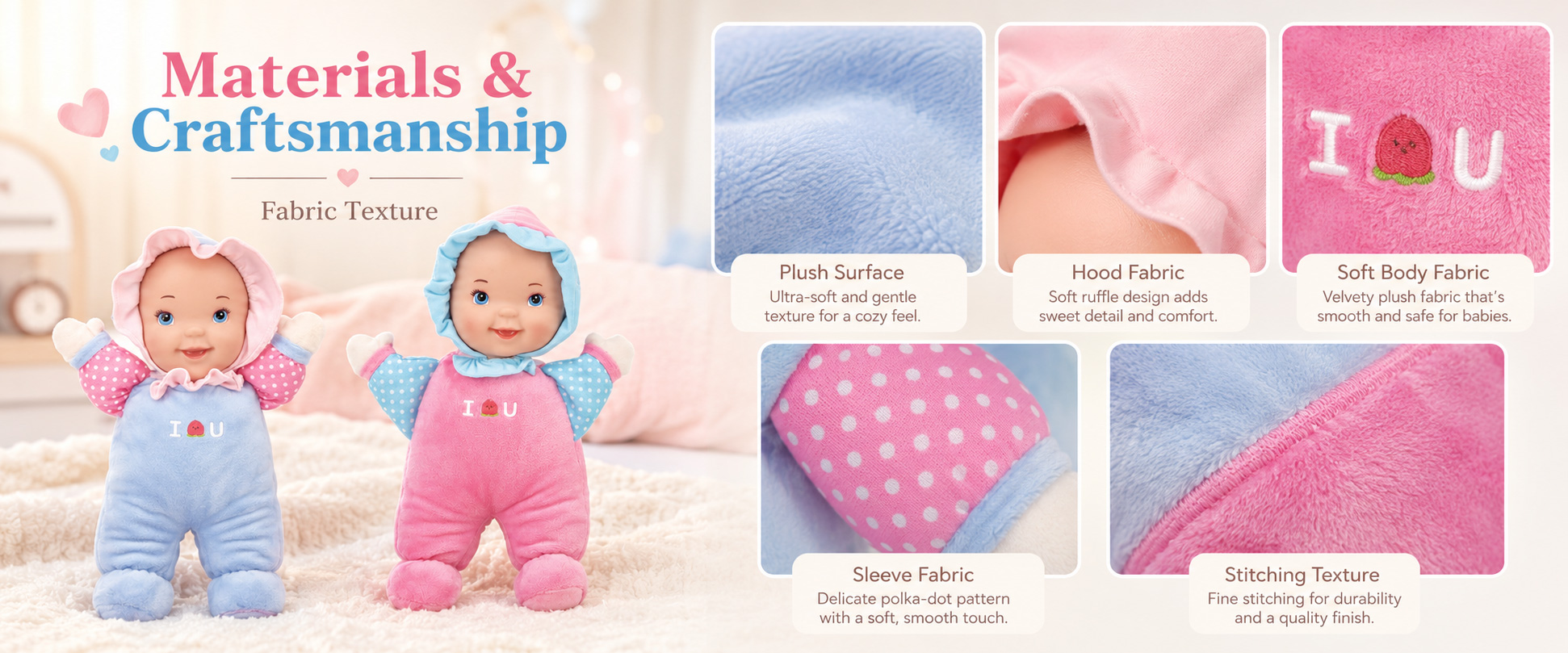 Materials and Craftsmanship For a Baby Comfort Plush Toy, soft fabric, simple structure, clean stitching, balanced filling, and gentle facial details are important.