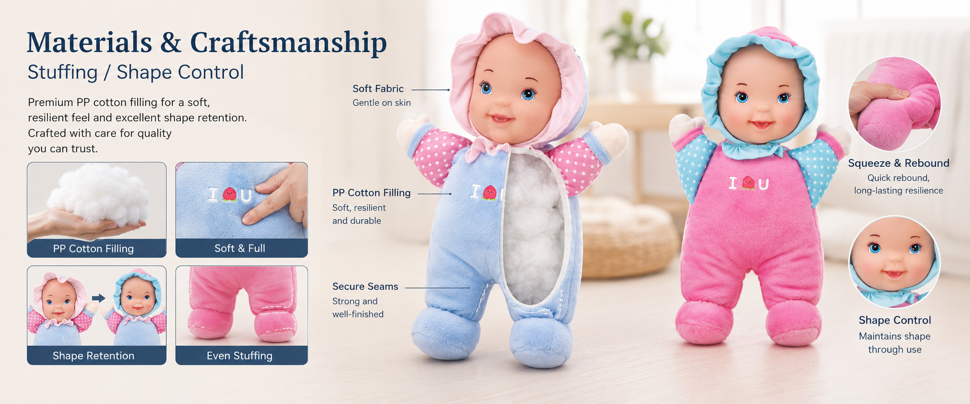 Materials and Craftsmanship For a Baby Comfort Plush Toy, soft fabric, simple structure, clean stitching, balanced filling, and gentle facial details are important.