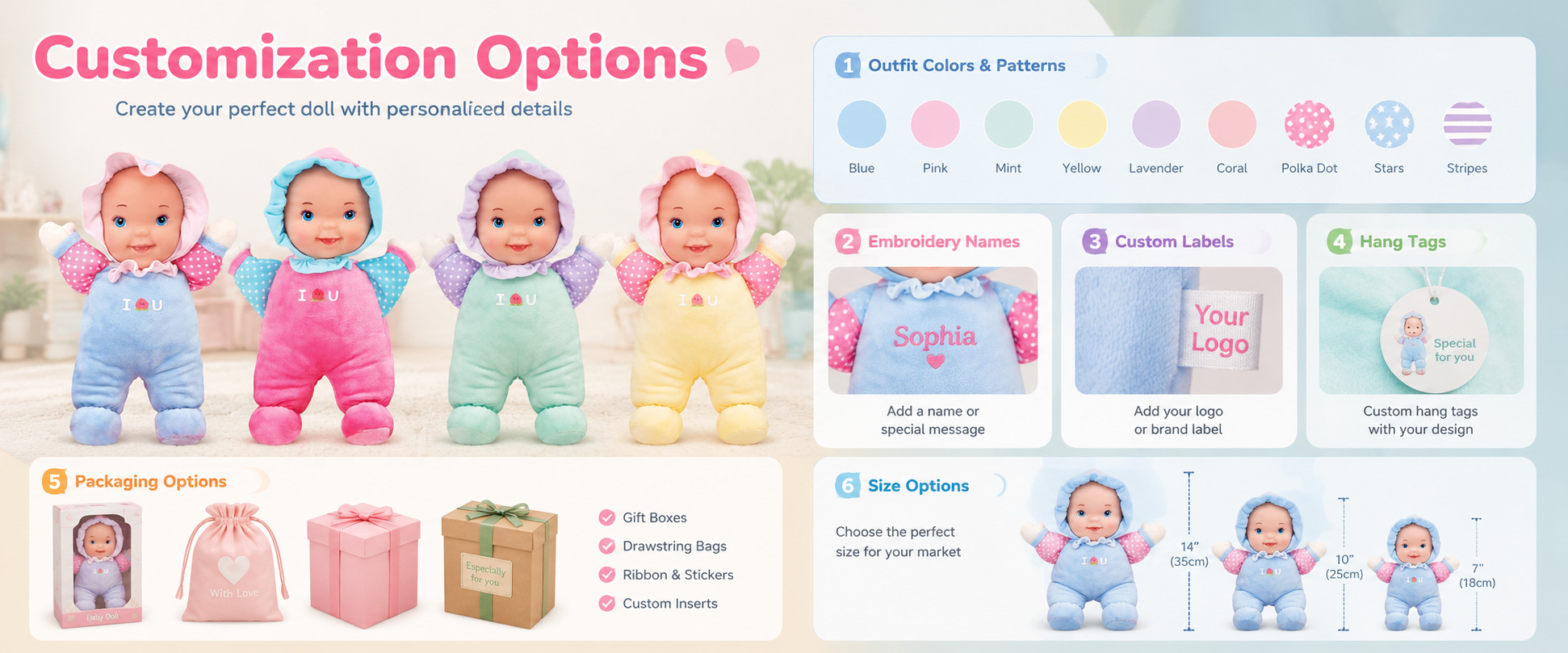 Plush Design Giggle Doll, Baby Comfort Doll, Soft Baby Character, Baby Animal Plush, First Plush Toy, or Buyer-Owned Design Size Options Mini, Small, Medium, Baby Gift Size, Comfort Toy Size, Gift Box Size, or Custom Dimensions Fabric Choice Super Soft Plush, Minky Fabric, Short Plush, PV Fleece, Velboa, Smooth Plush, or Custom Fabric