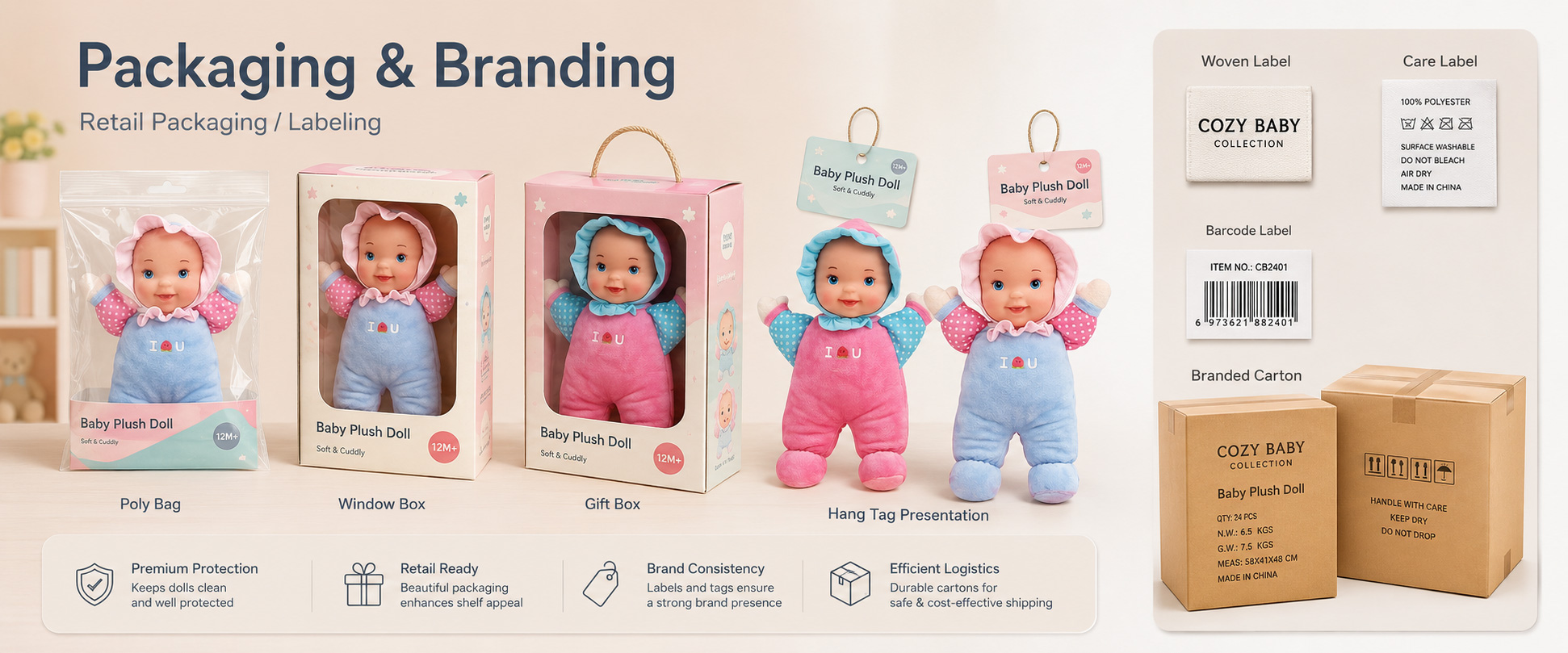 Individual Poly Bag Protects each baby plush doll during storage, shipping, and wholesale handling Care Label Shows material information, care instructions, age grade, and basic product details Woven Label Supports private label branding and professional baby product presentation