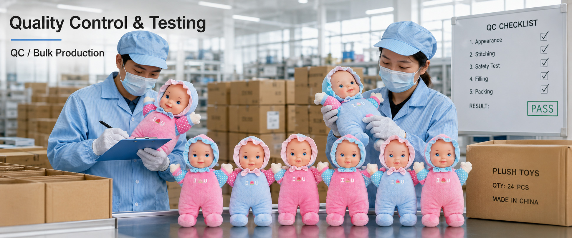Material Check Fabric softness, color consistency, texture, and material quality Sample Review Plush doll shape, comfort toy style, face expression, size, color matching, and overall appearance Sewing Check Stitching quality, seam strength, edge finishing, and plush toy structure